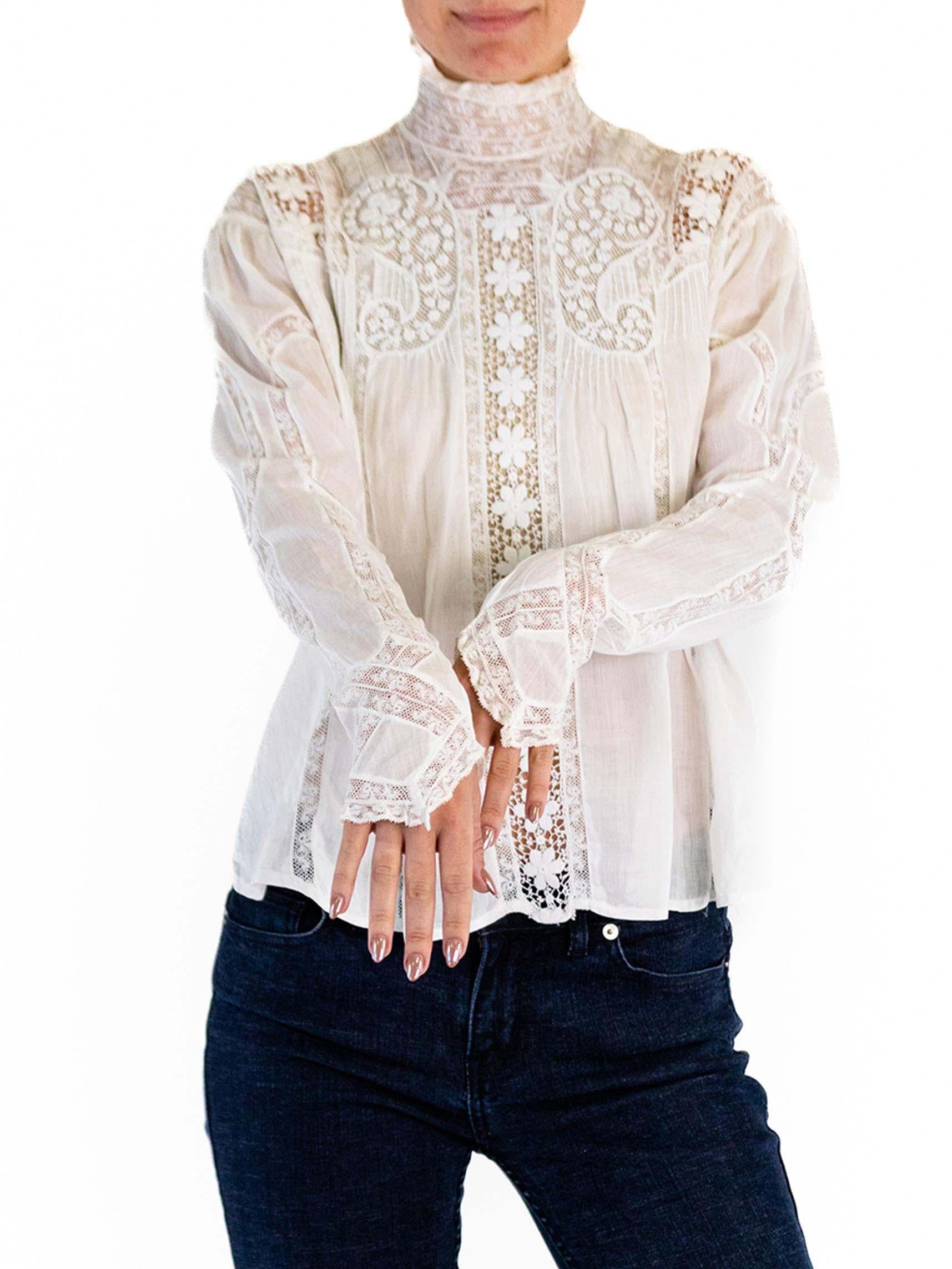 Victorian White Organic Cotton Voile & Lace Swan Neck Blouse For Sale 5
