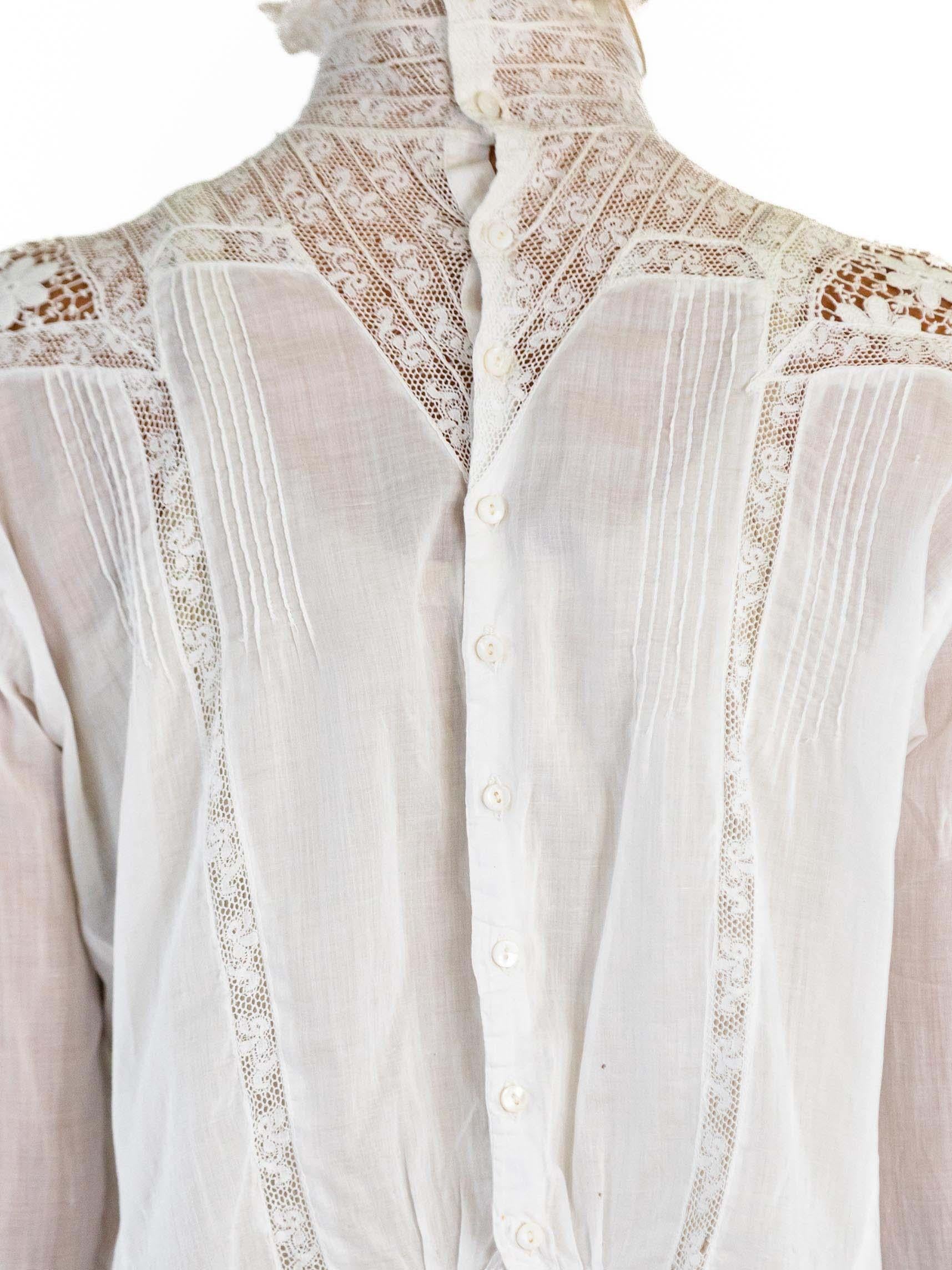 Victorian White Organic Cotton Voile & Lace Swan Neck Blouse For Sale 6