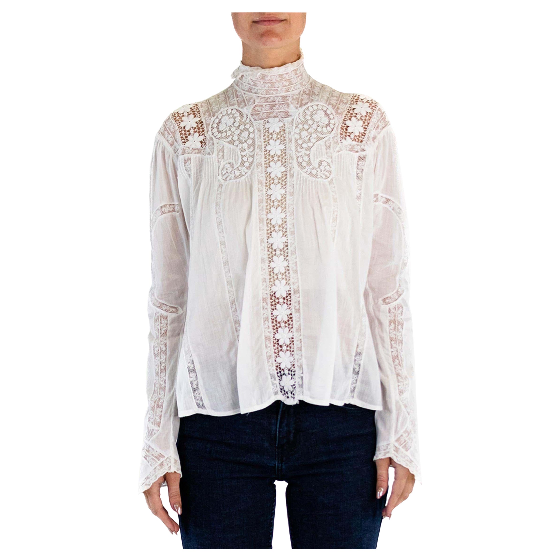 Victorian White Bio-Baumwolle Voile & Spitze Swan Neck Bluse