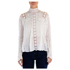 Victorian White Bio-Baumwolle Voile & Spitze Swan Neck Bluse