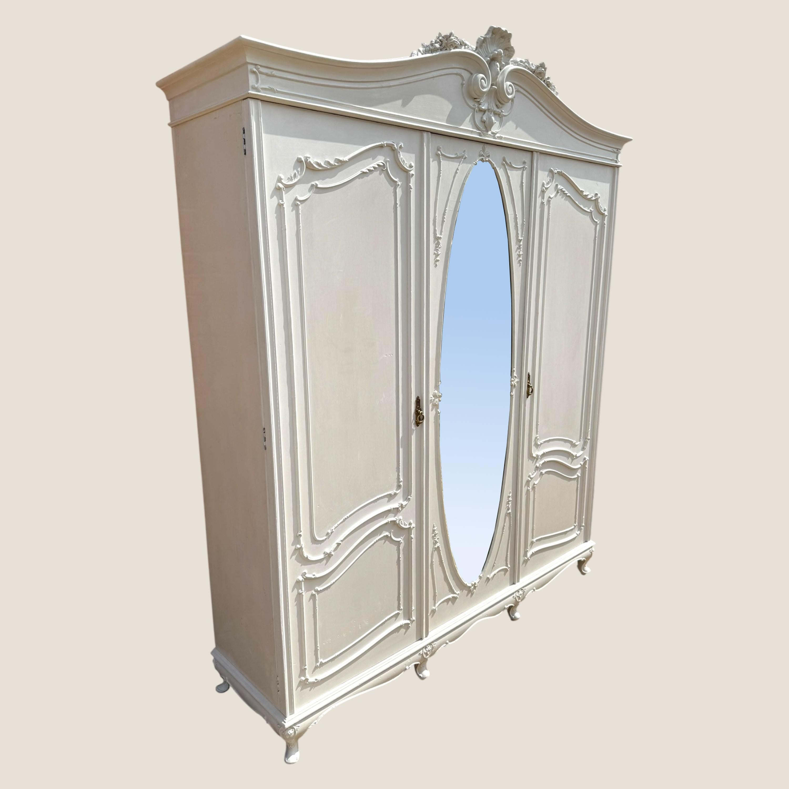 Carved Victorian White Painted 3 Door Wardrobe For Sale