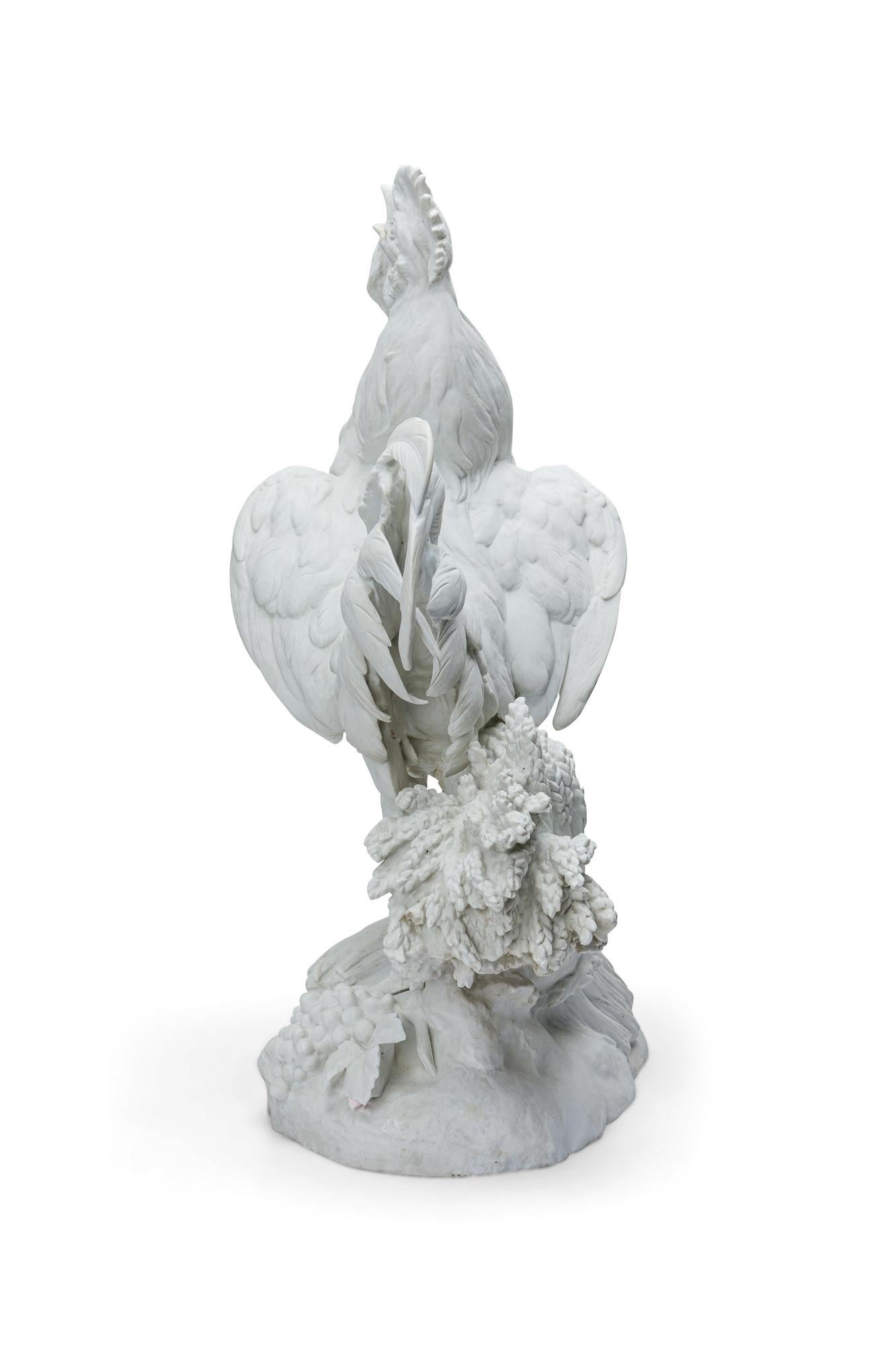 Figurine française victorienne de coq en pariam blanc grandeur nature (signée : I. COJSOEPA ? 1883) (en l'état - petits éclats)
