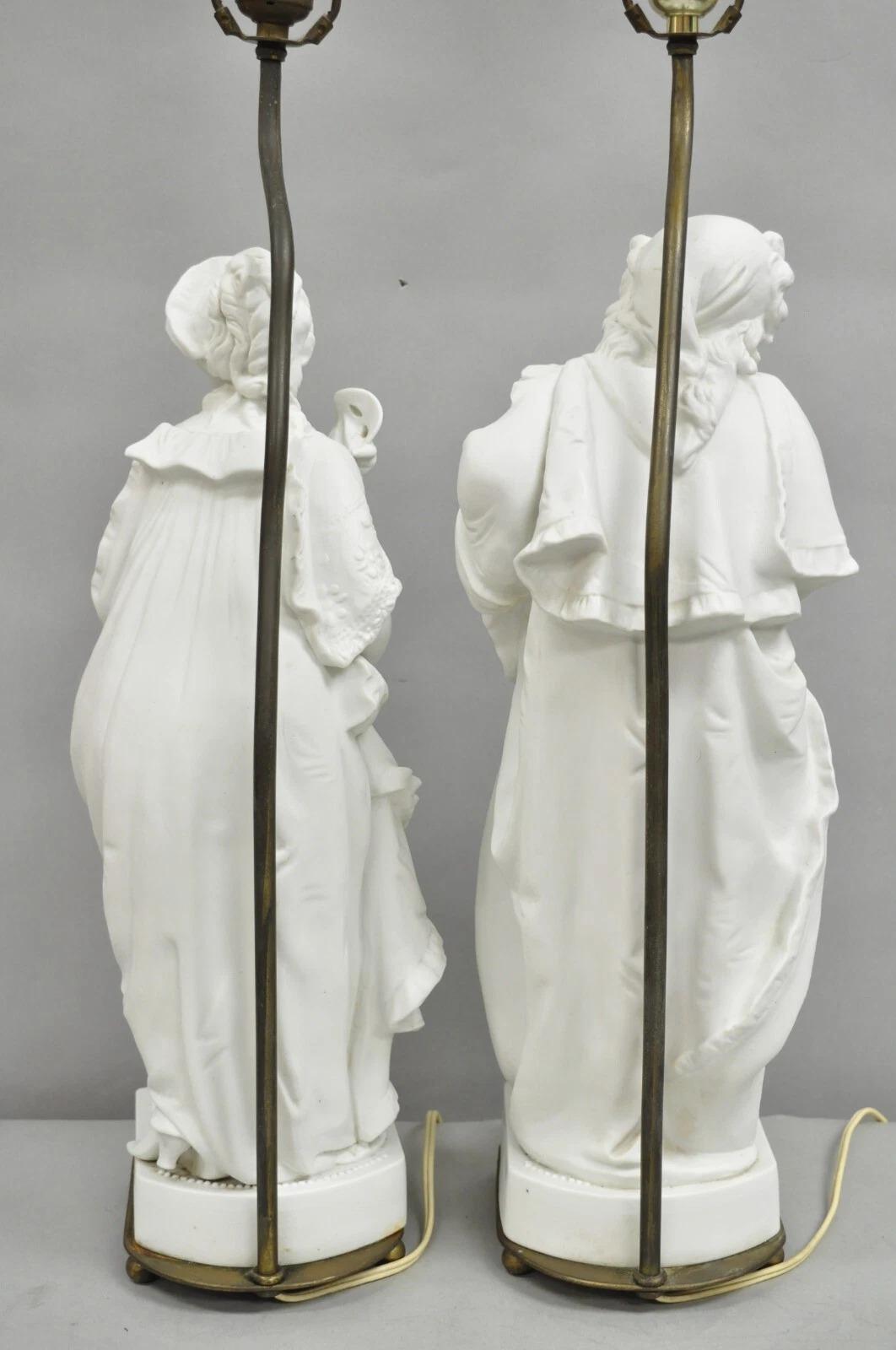 Viktorianische weiße Parian Porzellan Figural Bisque Mann und Frau Tischlampen, Paar im Angebot 7