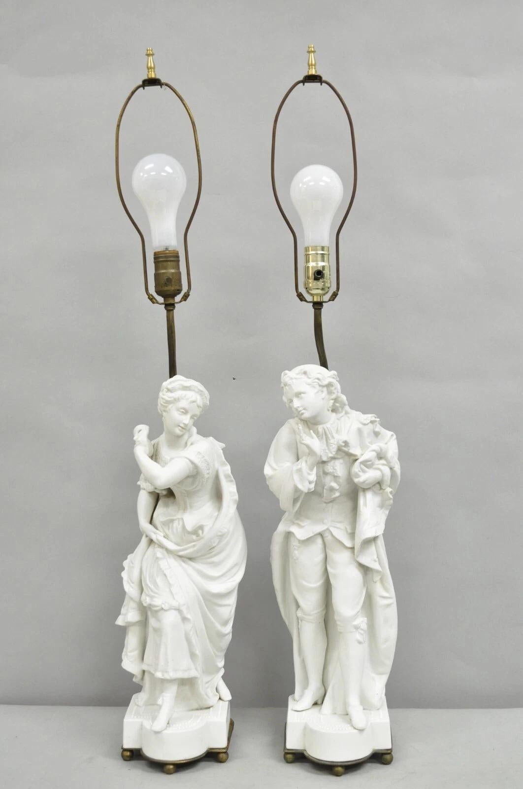 Viktorianische weiße Parian Porzellan Figural Bisque Mann und Frau Tischlampen, Paar im Angebot 10