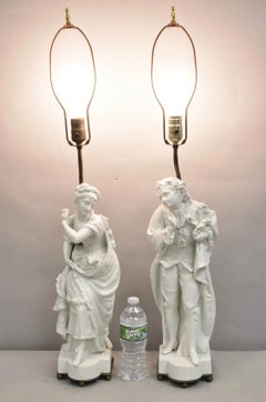 Victorian White Parian Porcelain Figural Bisque Man and Woman Table Lamps, Pair