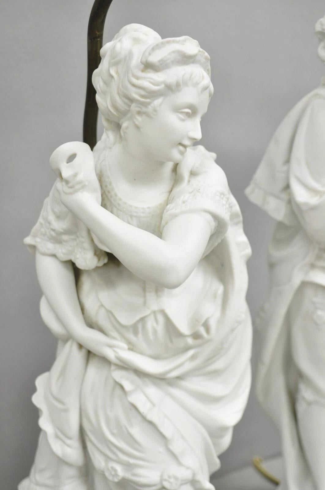 Viktorianische weiße Parian Porzellan Figural Bisque Mann und Frau Tischlampen, Paar (20. Jahrhundert) im Angebot