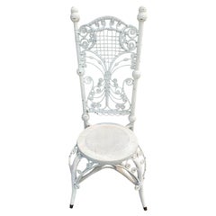 Victorian White Wicker Rattan Desk Side Vanity High Back Portrait Chair