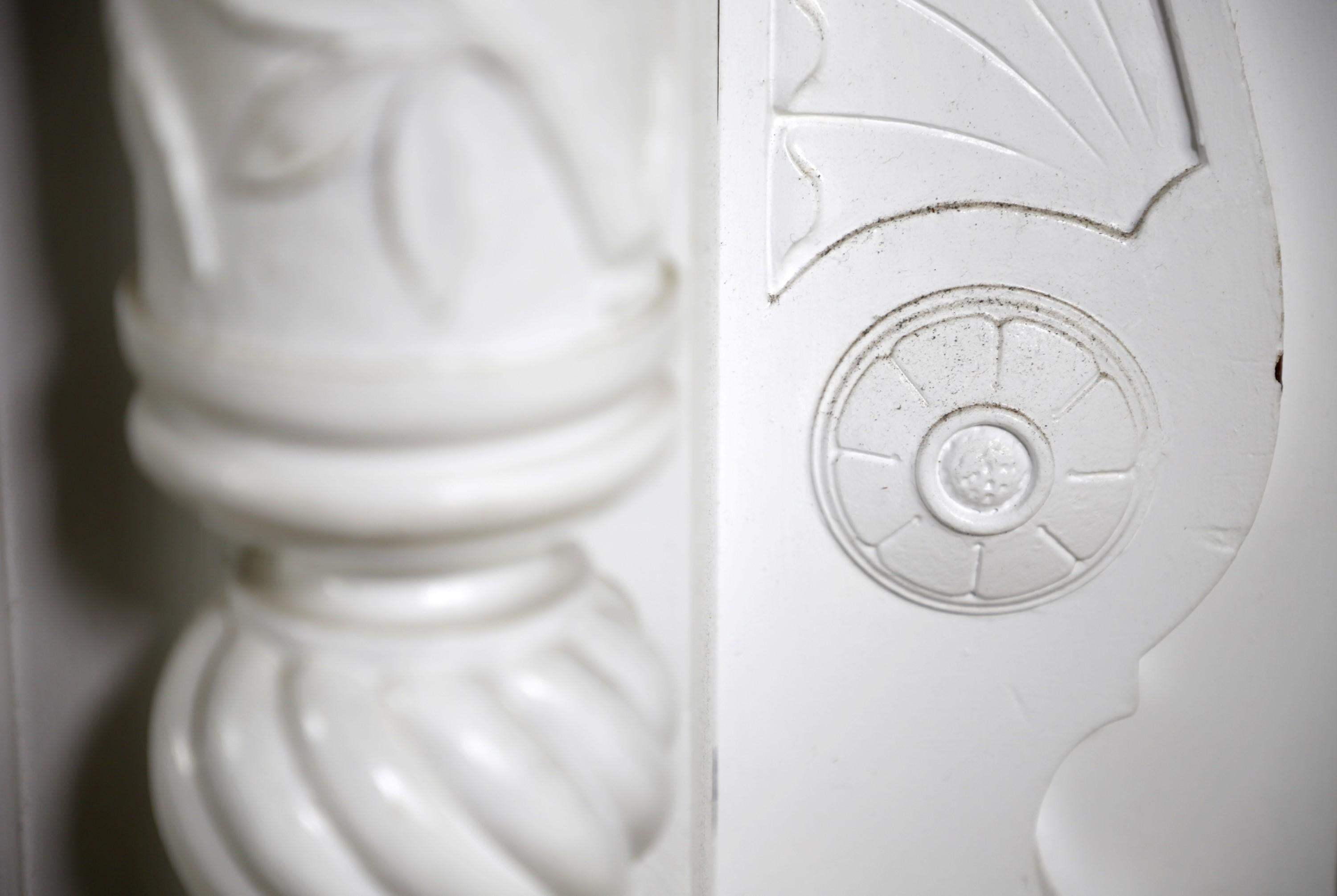American Victorian White Wooden Mantel Floral Plinths Dentil Molding