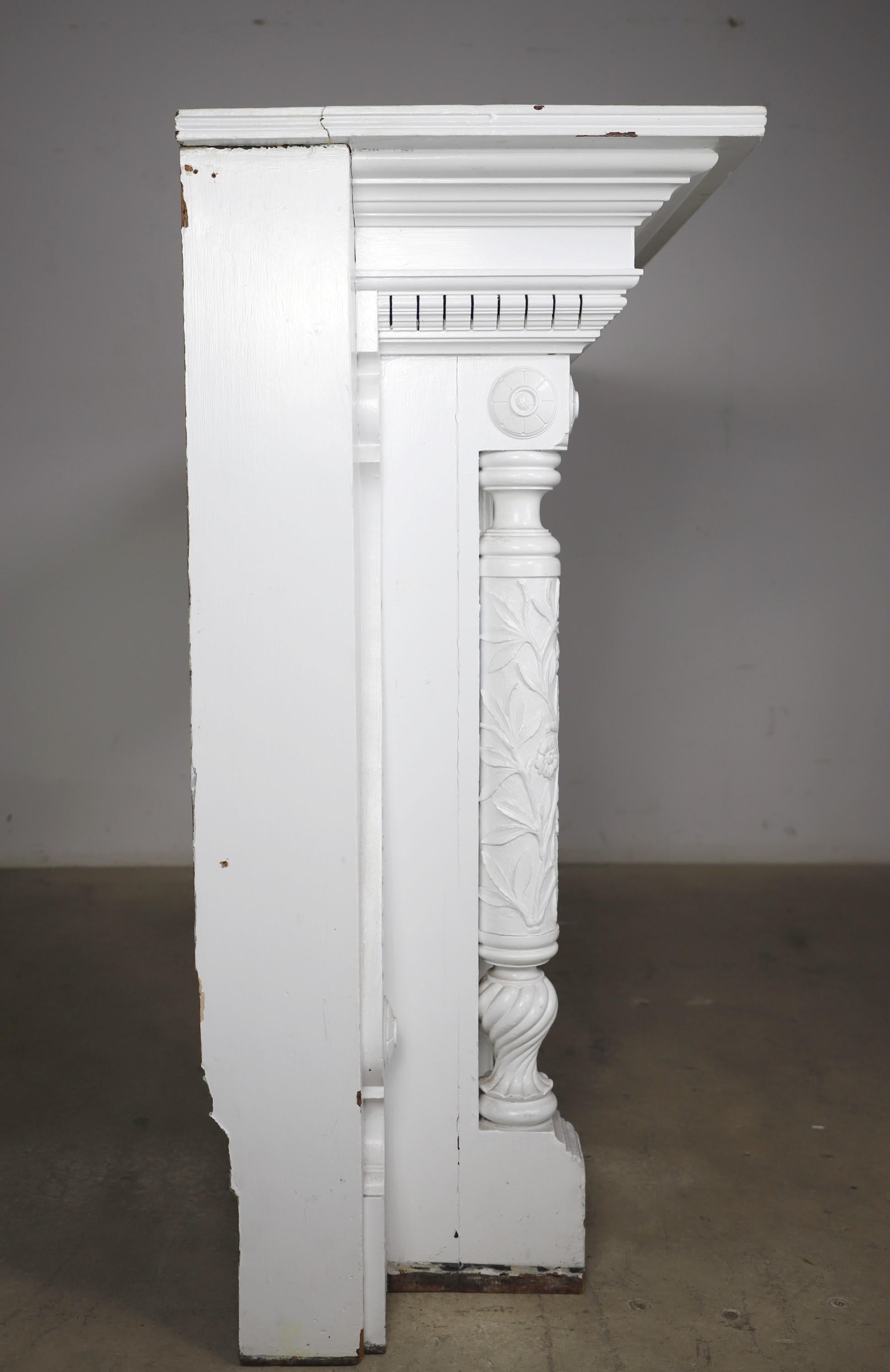 Victorian White Wooden Mantel Floral Plinths Dentil Molding 1