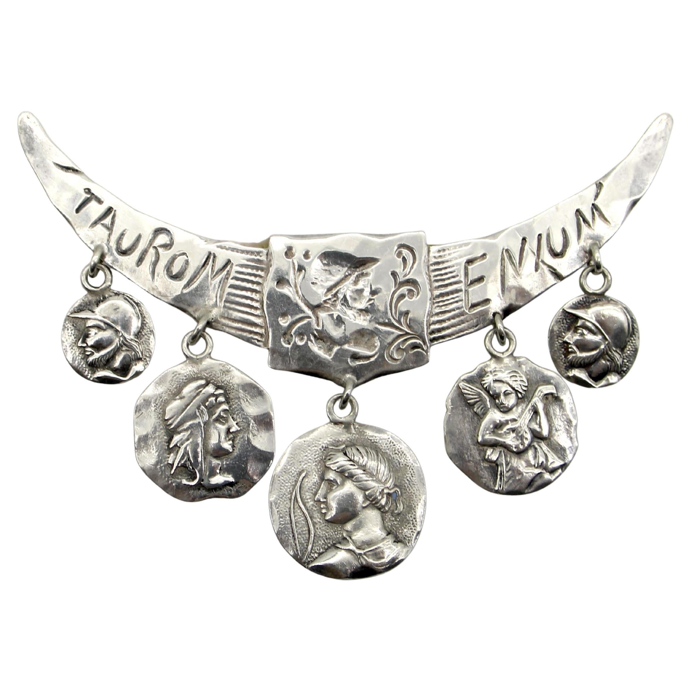 Victorian Whiting Sterling Silver Etruscan/Homeric Multi-Medallion Pin