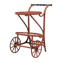 Victorian Wicker and Rouge Painted Rolling Tea/Bar Cart