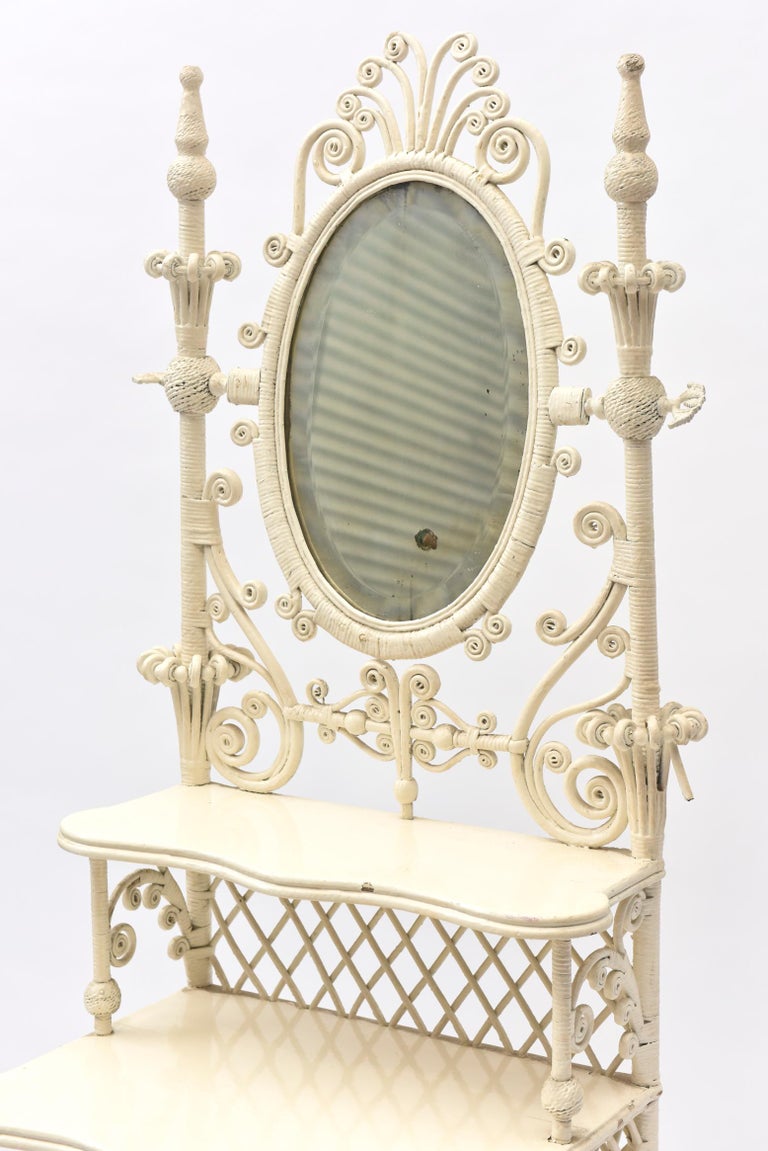 Victorian Wicker Mirrored Shaving or Vanity Stand with Shelves at