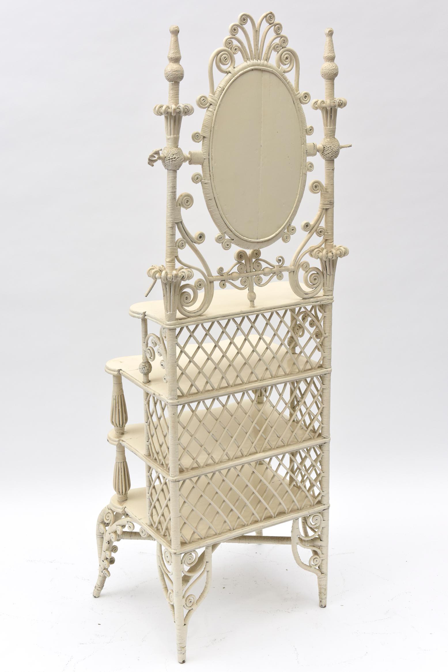 Victorian Wicker Mirrored Shaving or Vanity Stand with Shelves 1