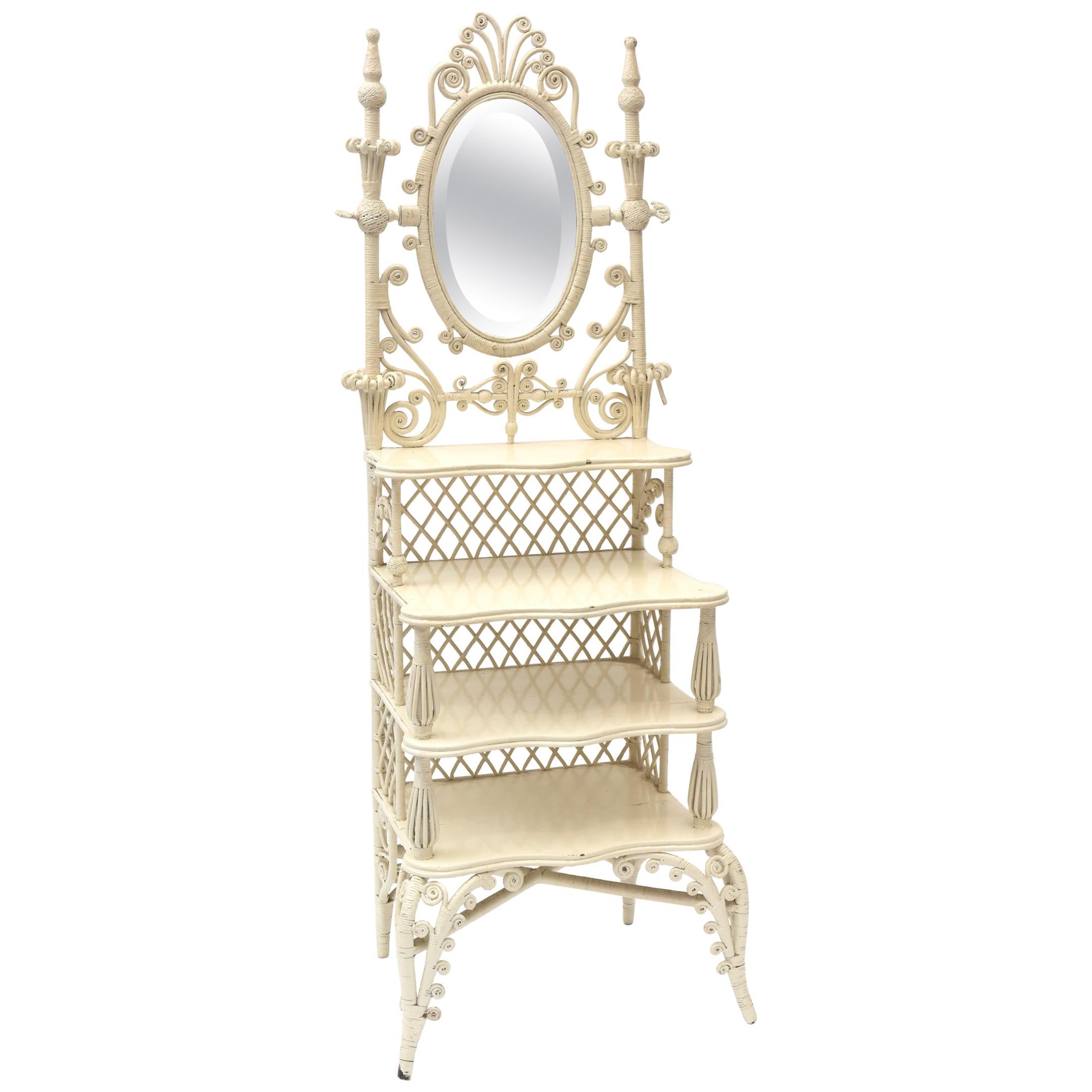 Victorian Wicker Mirrored Shaving or Vanity Stand with Shelves