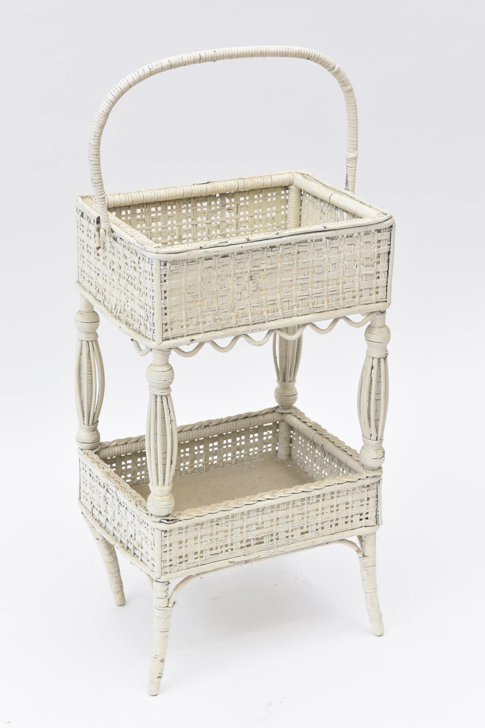 American Victorian Wicker Open Sewing Stand with Work Basket below