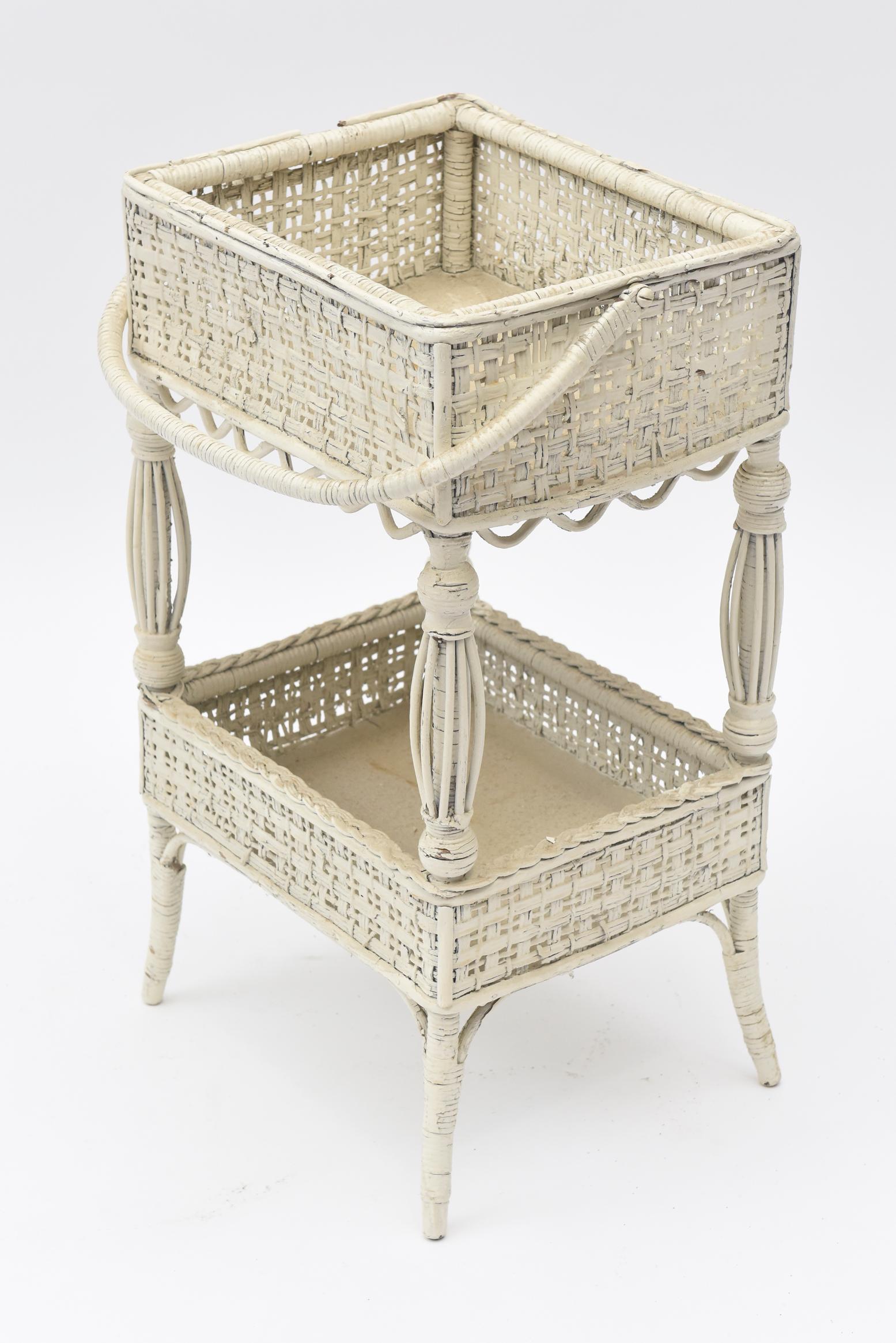 19th Century Victorian Wicker Open Sewing Stand with Work Basket below