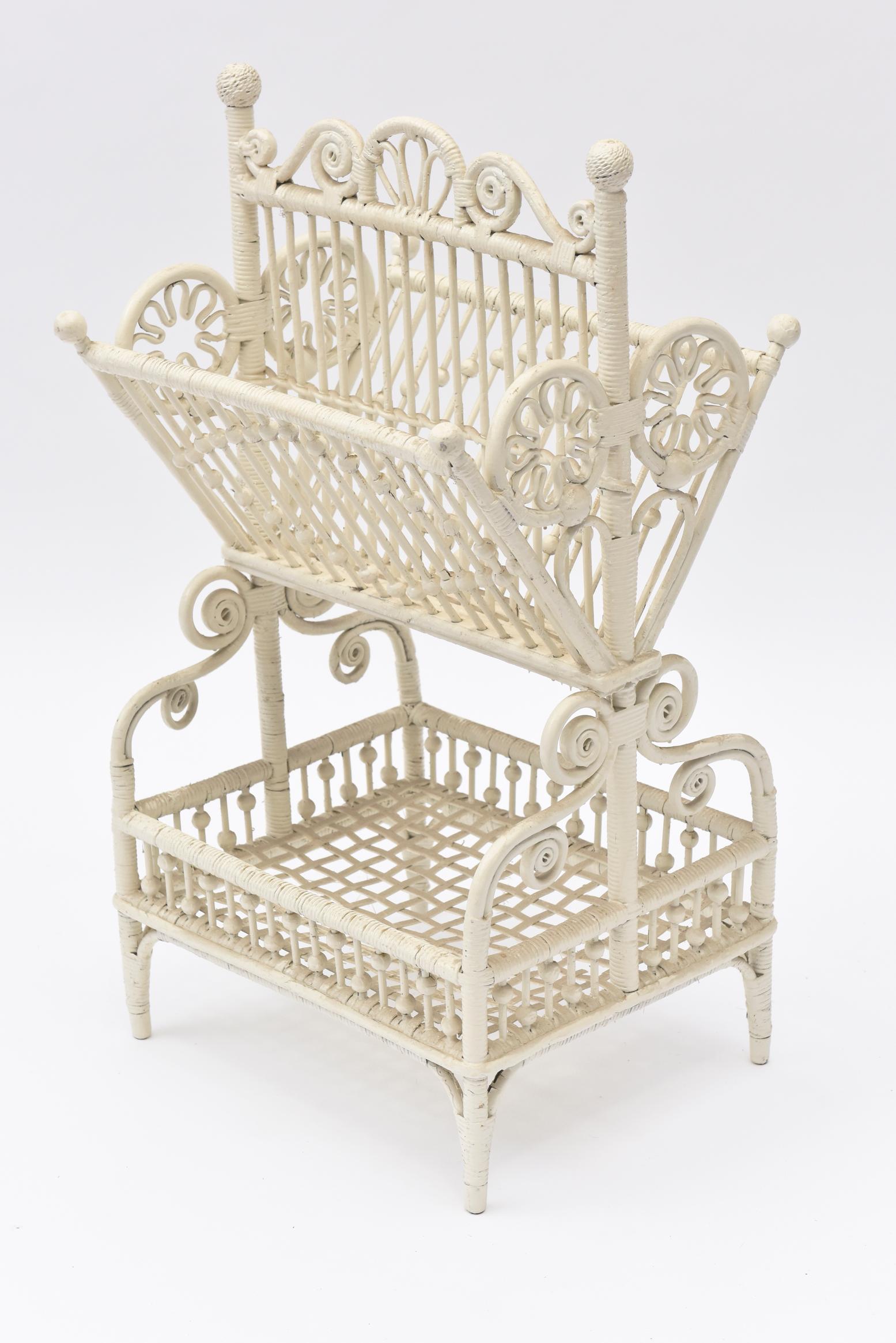 American Victorian Wicker Ornate Two Tier Beaded Magazine Rack For Sale