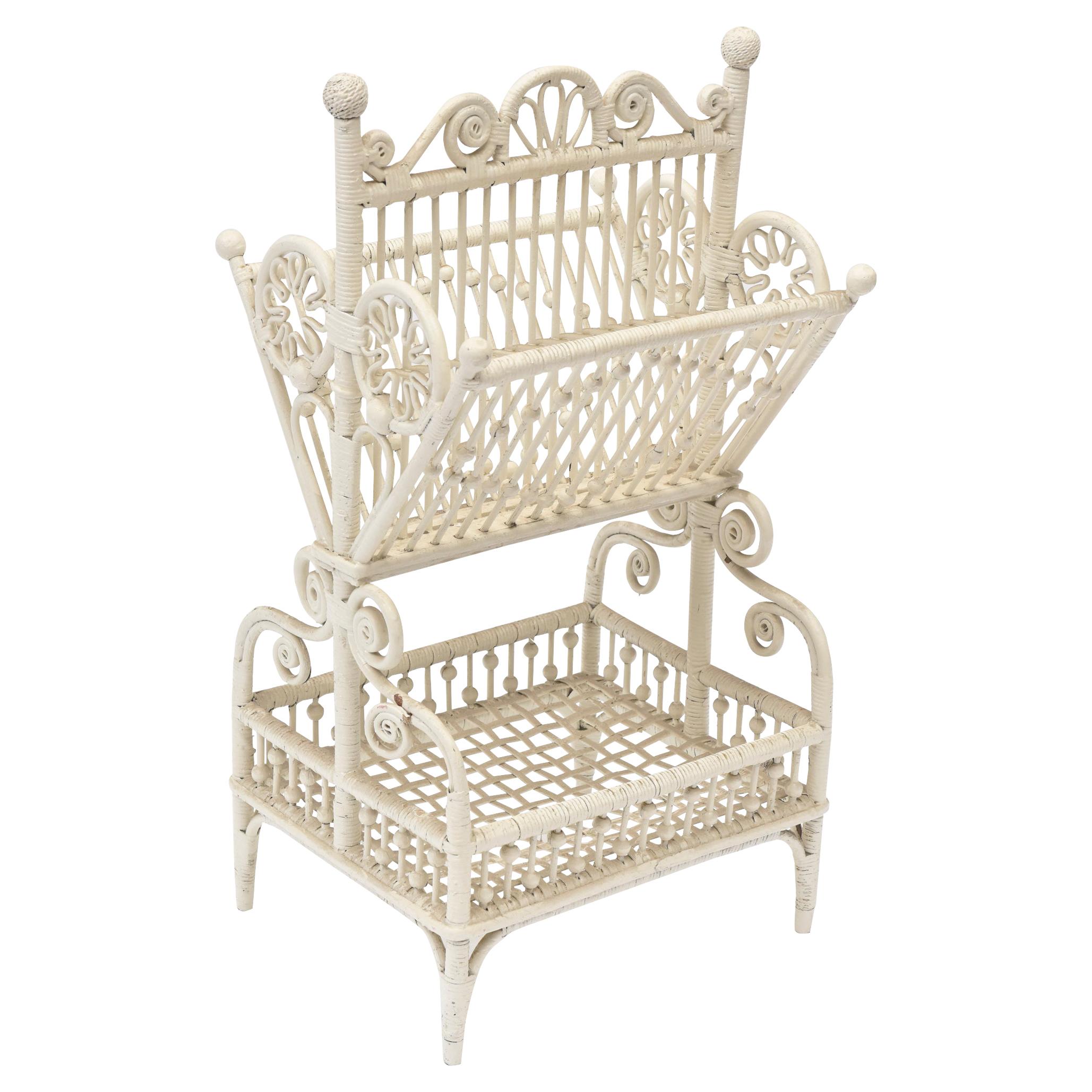 Victorian Wicker Ornate Two Tier Beaded Magazine Rack For Sale