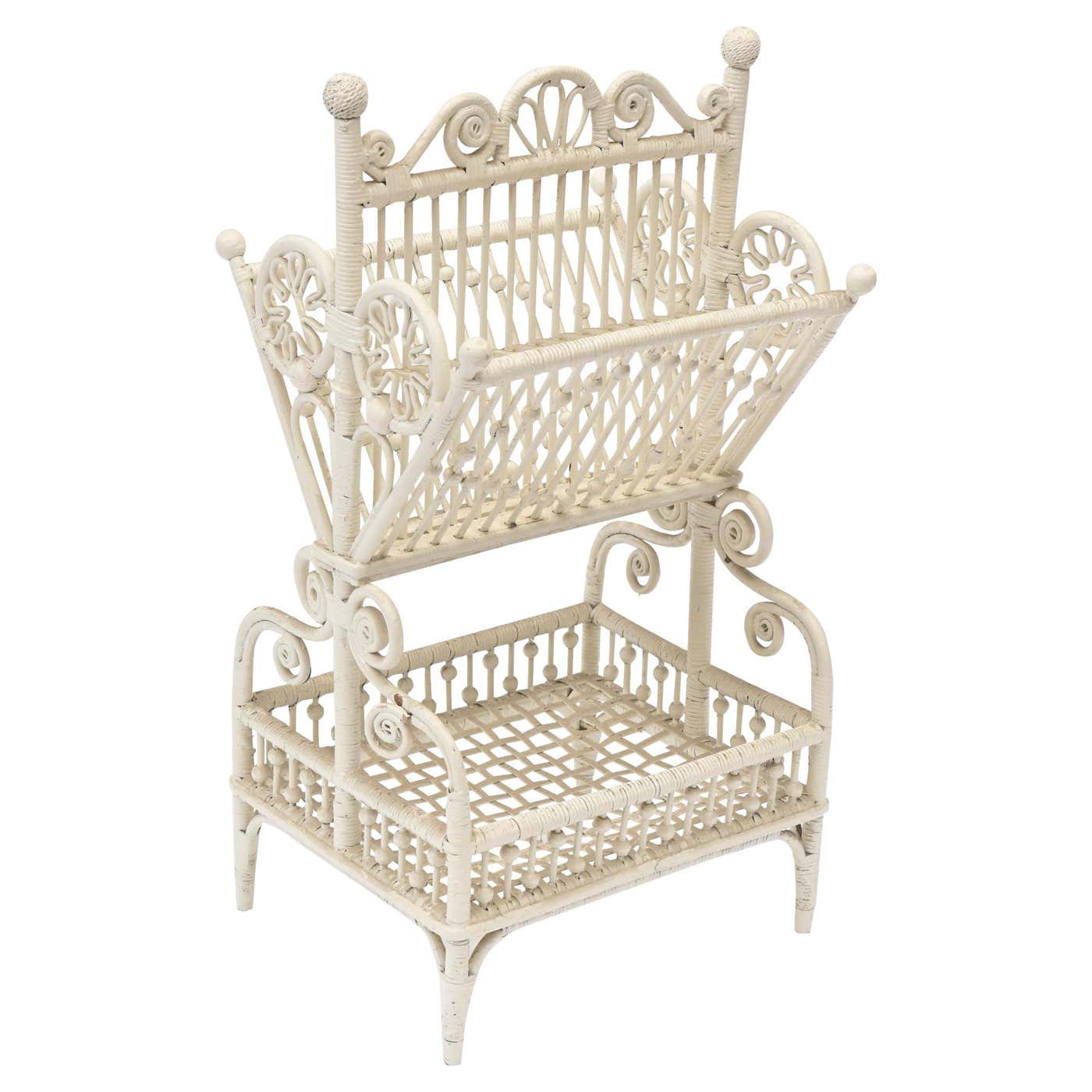 Victorian Rack Victorian Wicker Ornate Two Tier Beaded Magazine Rack For Sale at 1stDibs