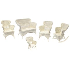 Used Victorian Wicker Parlor Set ‘His, Her and Child's’ Chairs, Settee and Rocker