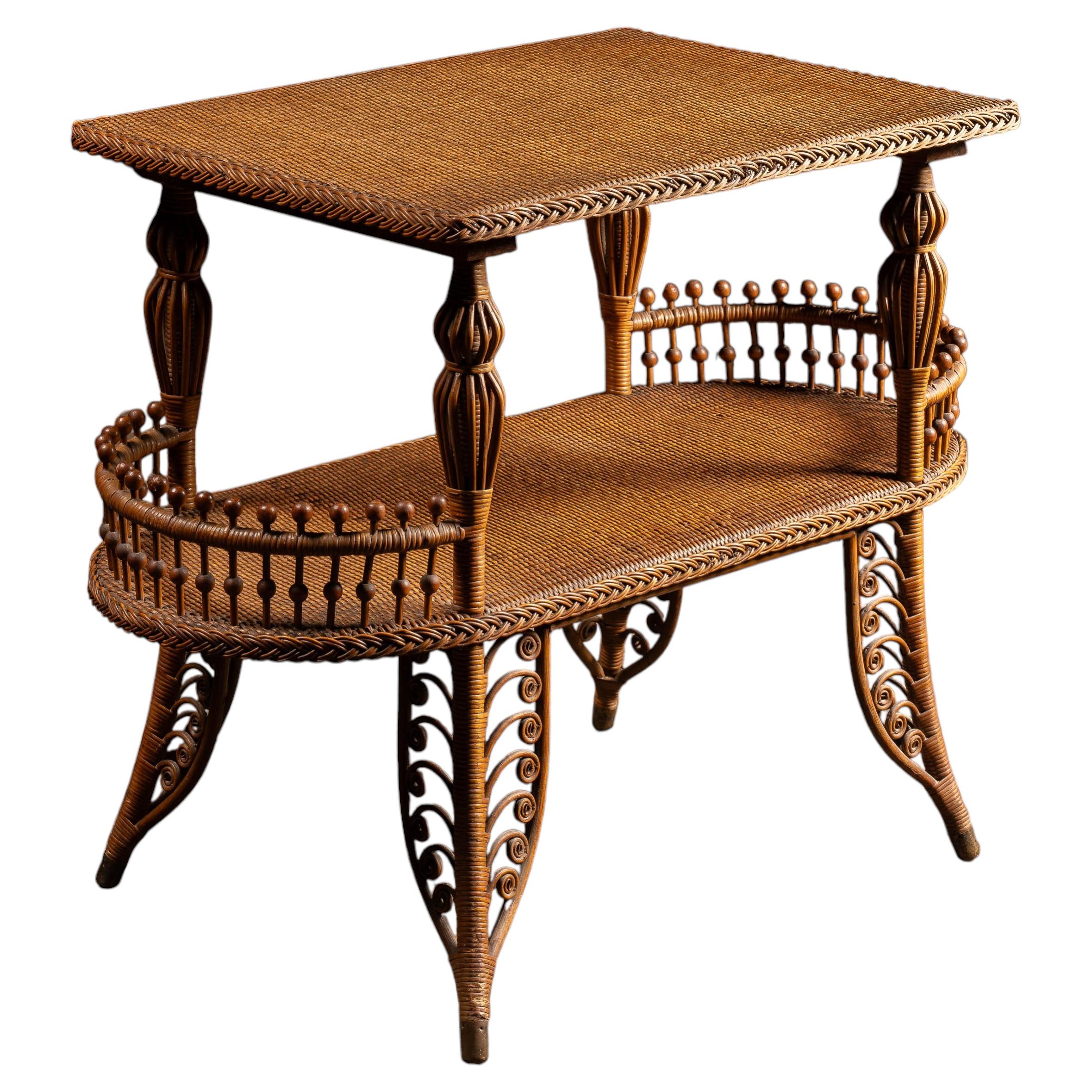 Victorian Wicker Parlor Table with Gallery Shelf by Heywood-Wakefield