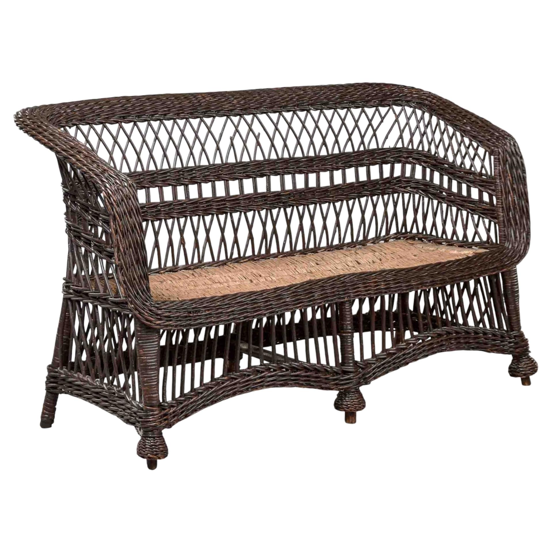 Victorian Wicker Settee with Diamond Lattice Weave, circa 1900