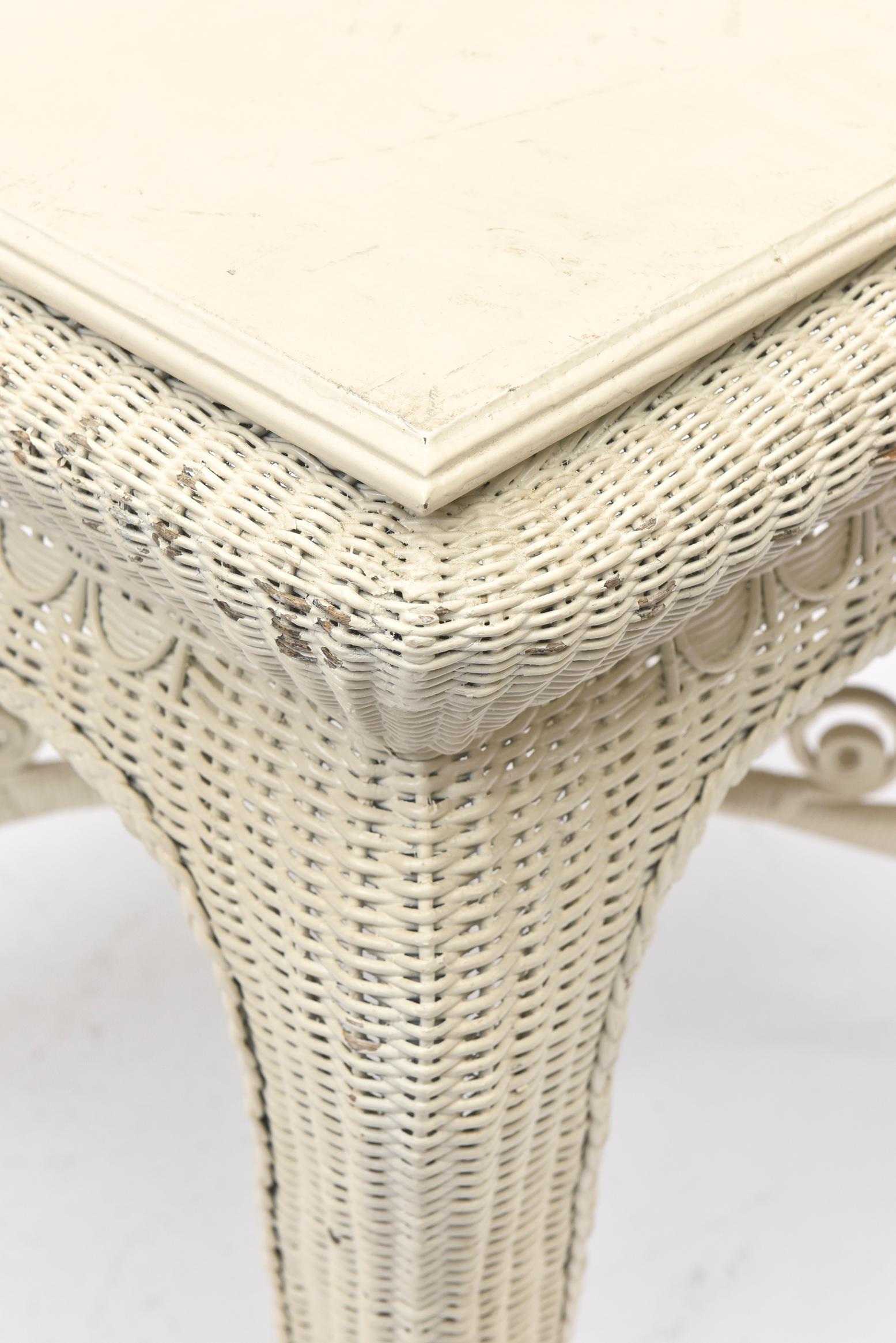 Woven Victorian Wicker Square Table with Cabriole Birdcage Legs For Sale