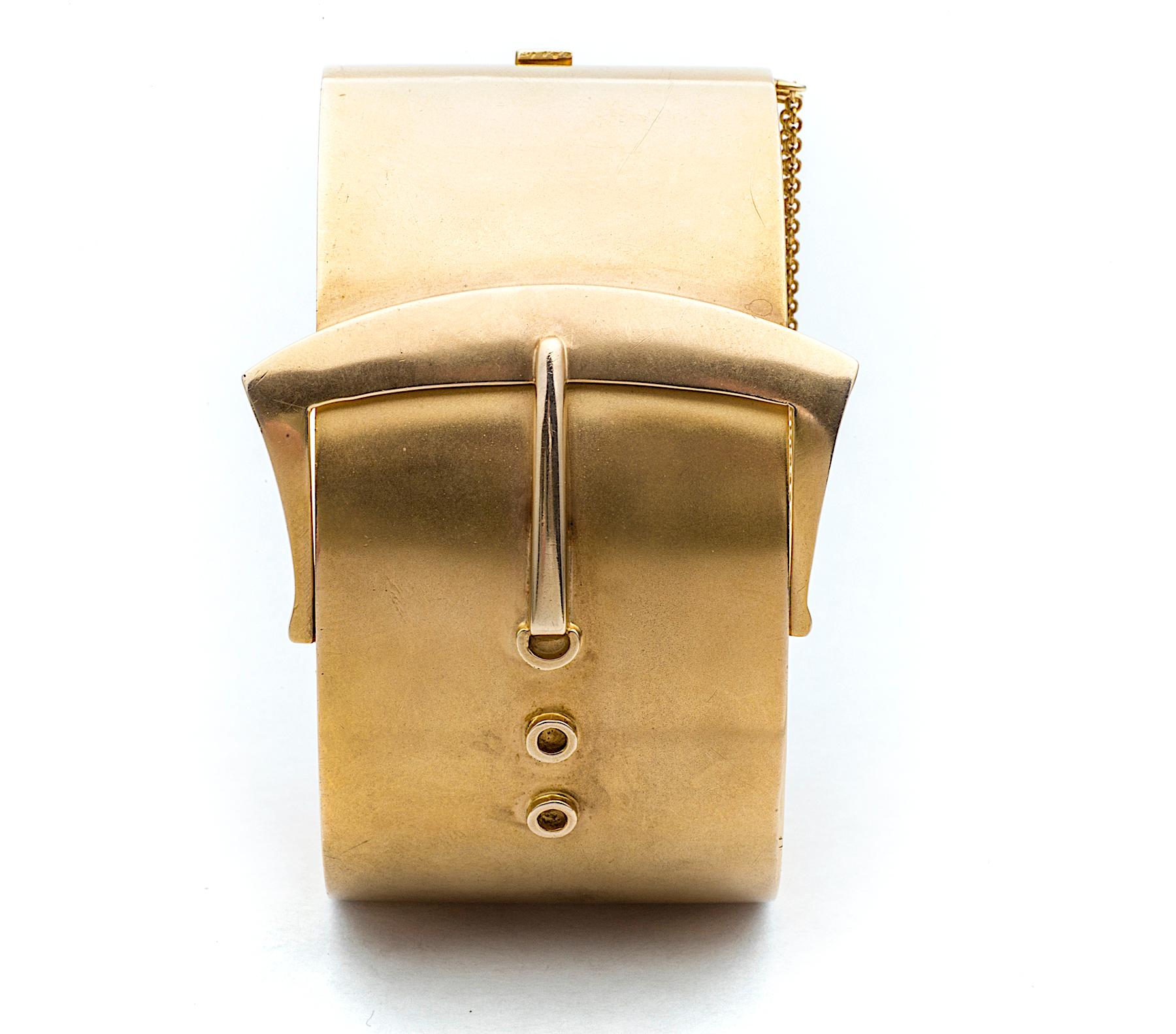 Buckle up in style with this extraordinary wide Victorian cuff bracelet!  With a warm honey colored patina, this handmade collectible bold buckle bracelet is an elegant one-of-a-kind wardrobe statement.  Hinge closure.  1 7/8