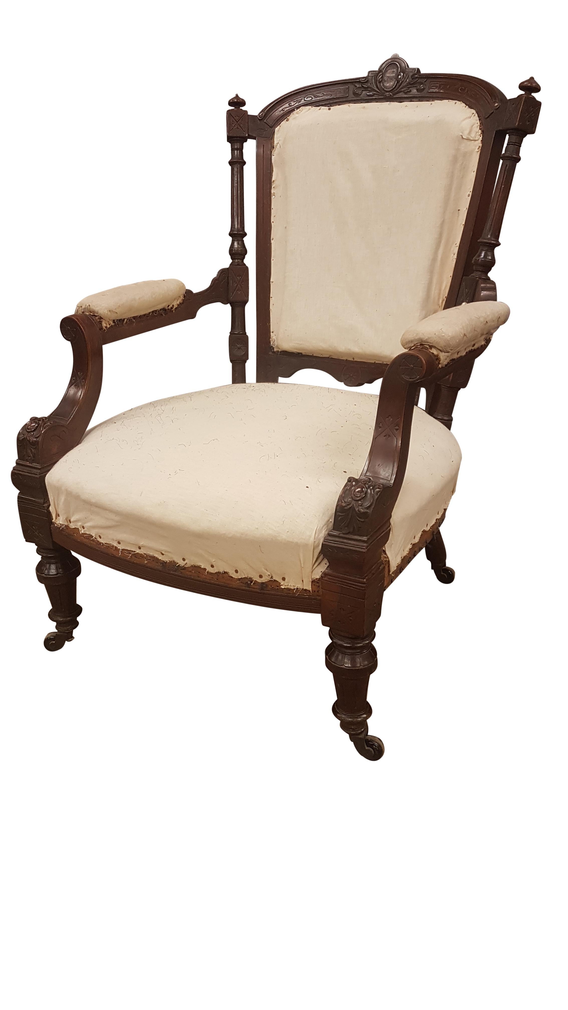 High Victorian Victorian Wide Seated Rosewood Armchair For Sale