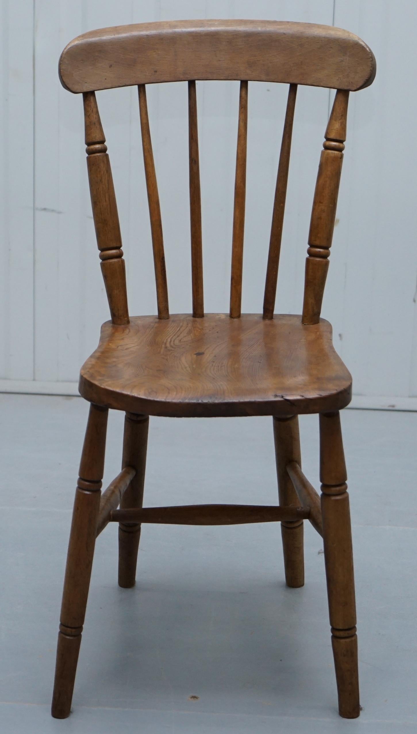 We are delighted to offer for sale very rare Victorian Elm Windsor Spindle back dining chair 

The chair is hand carved from a solid slab of elm, the seat base has a lovely timber grain, the frames are solid, a little bowed in places from decades
