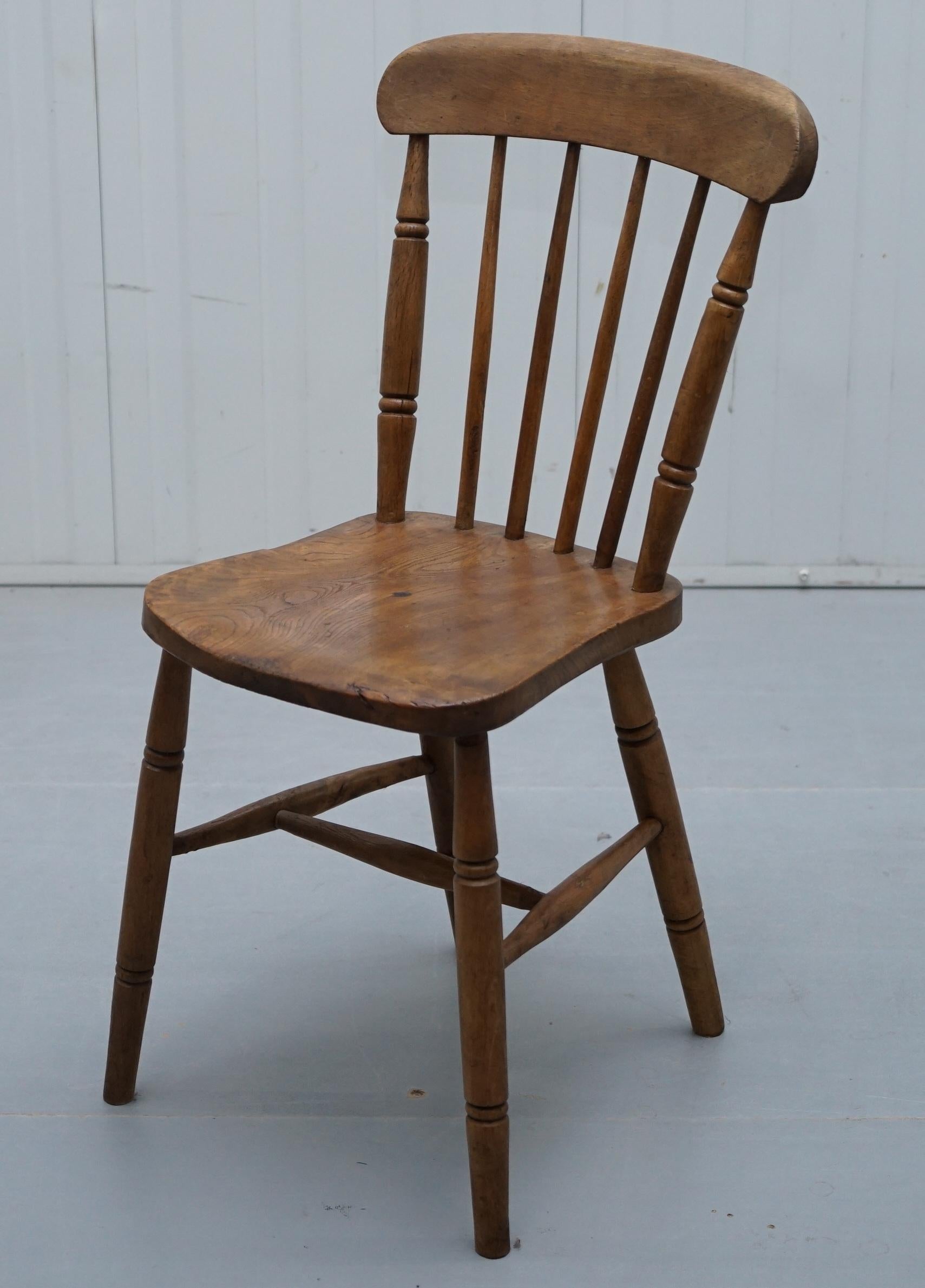 English Victorian Windsor Spindle Back Dining Chair Solid Carved Elm Part of a Large Set