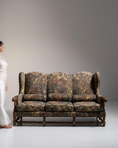 Victorian Wingback Sofa with Floral Tapestry and Wood Frame