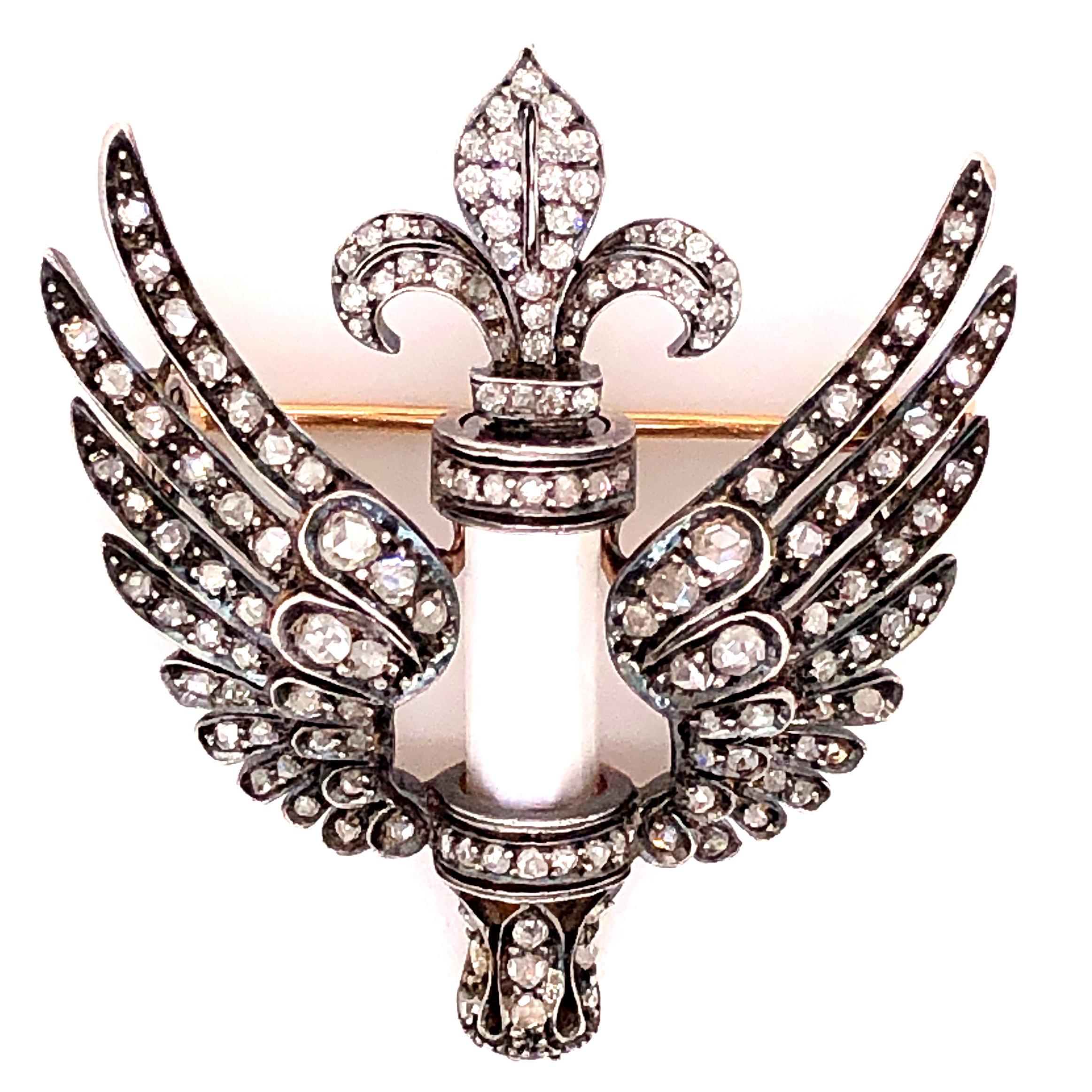 Old Mine Cut Victorian Wings and Fleur-de-lys Diamond and Moonstone Brooch/Pendant, 1880s