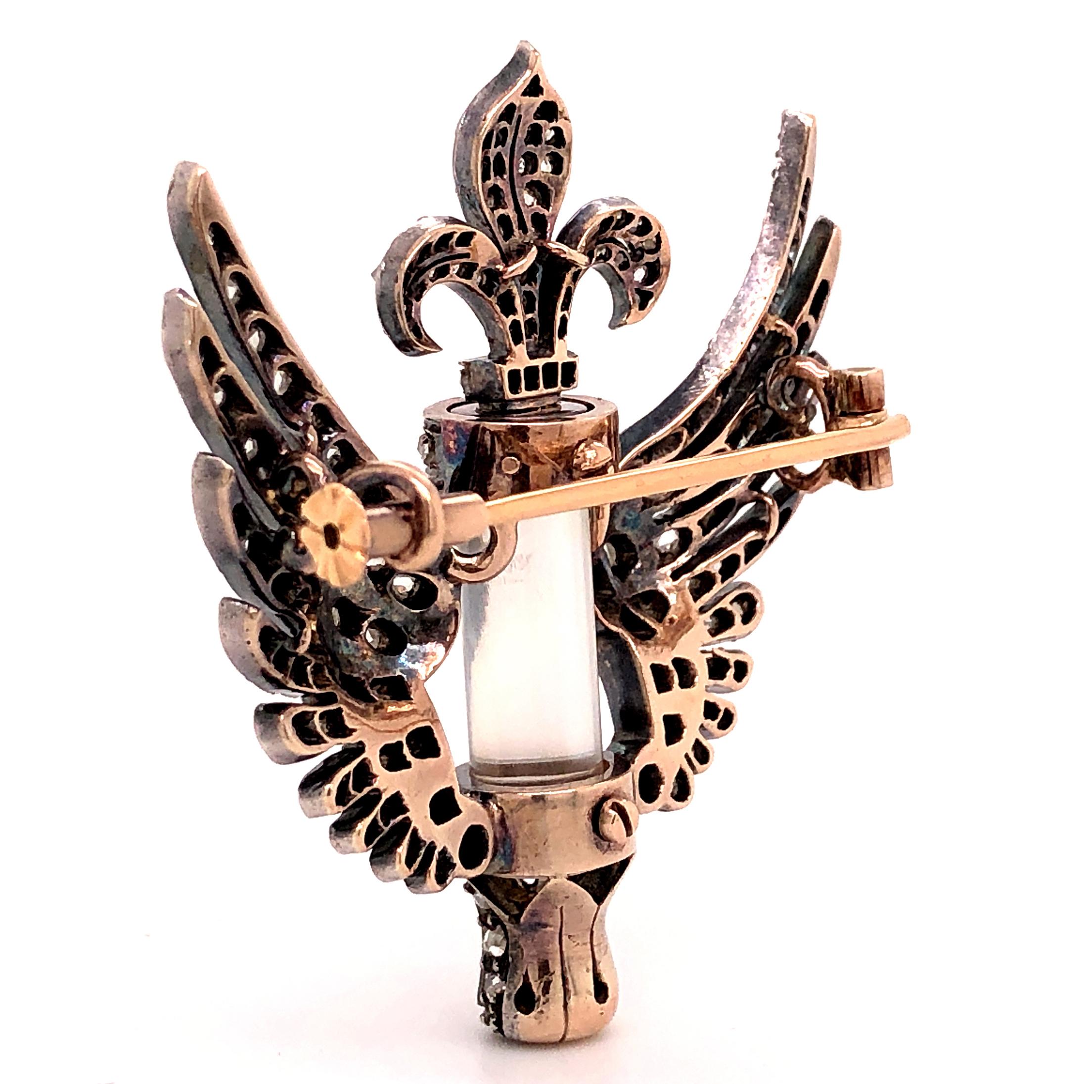 Victorian Wings and Fleur-de-lys Diamond and Moonstone Brooch/Pendant, 1880s 1
