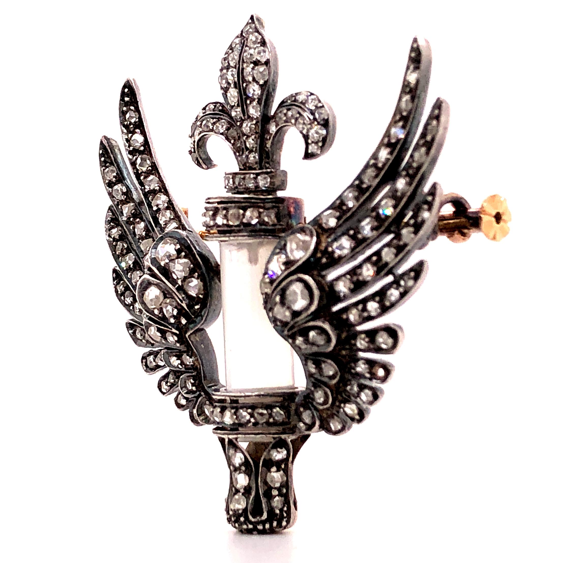 Victorian Wings and Fleur-de-lys Diamond and Moonstone Brooch/Pendant, 1880s 2