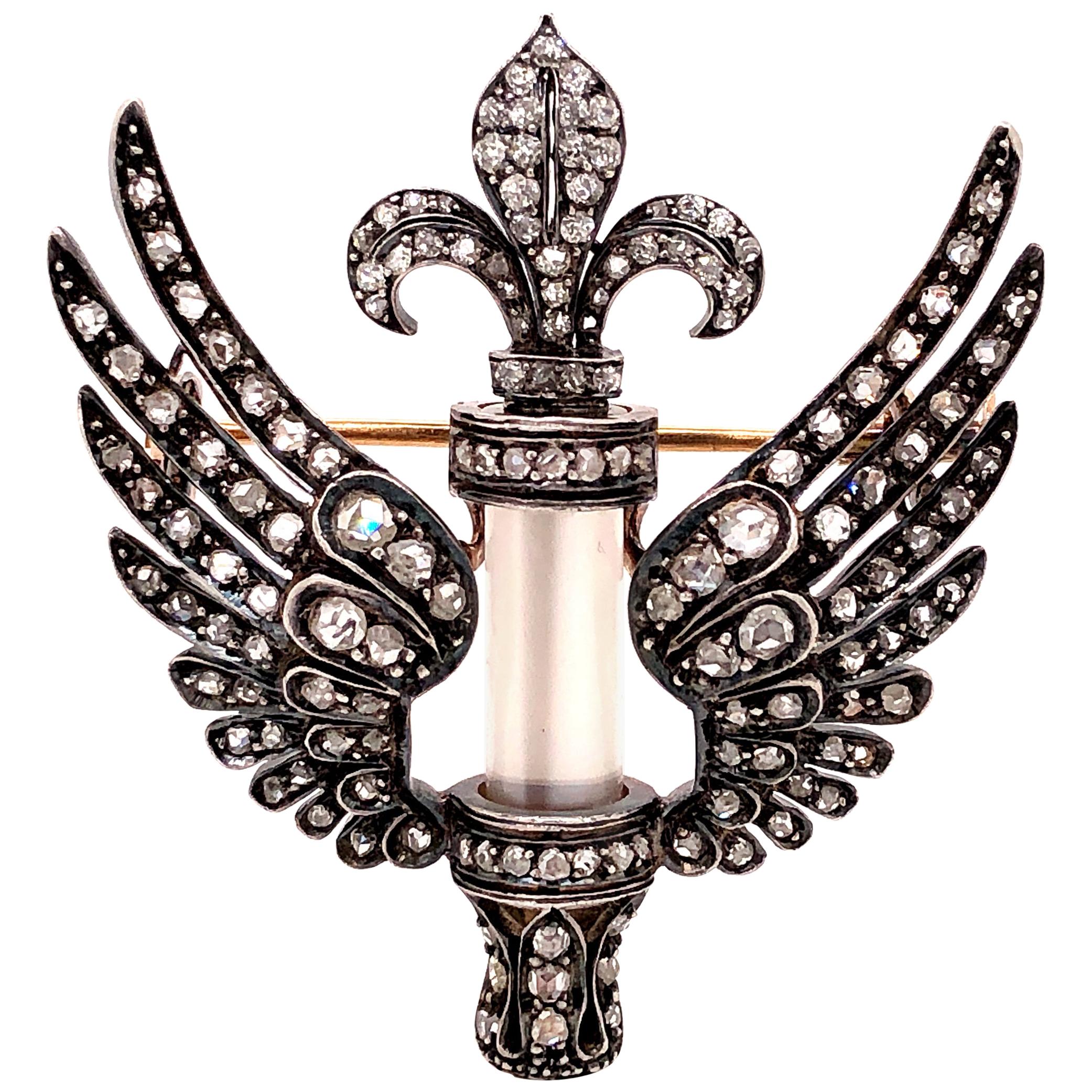 Victorian Wings and Fleur-de-lys Diamond and Moonstone Brooch/Pendant, 1880s
