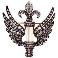 Victorian Wings and Fleur-de-lys Diamond and Moonstone Brooch/Pendant, 1880s