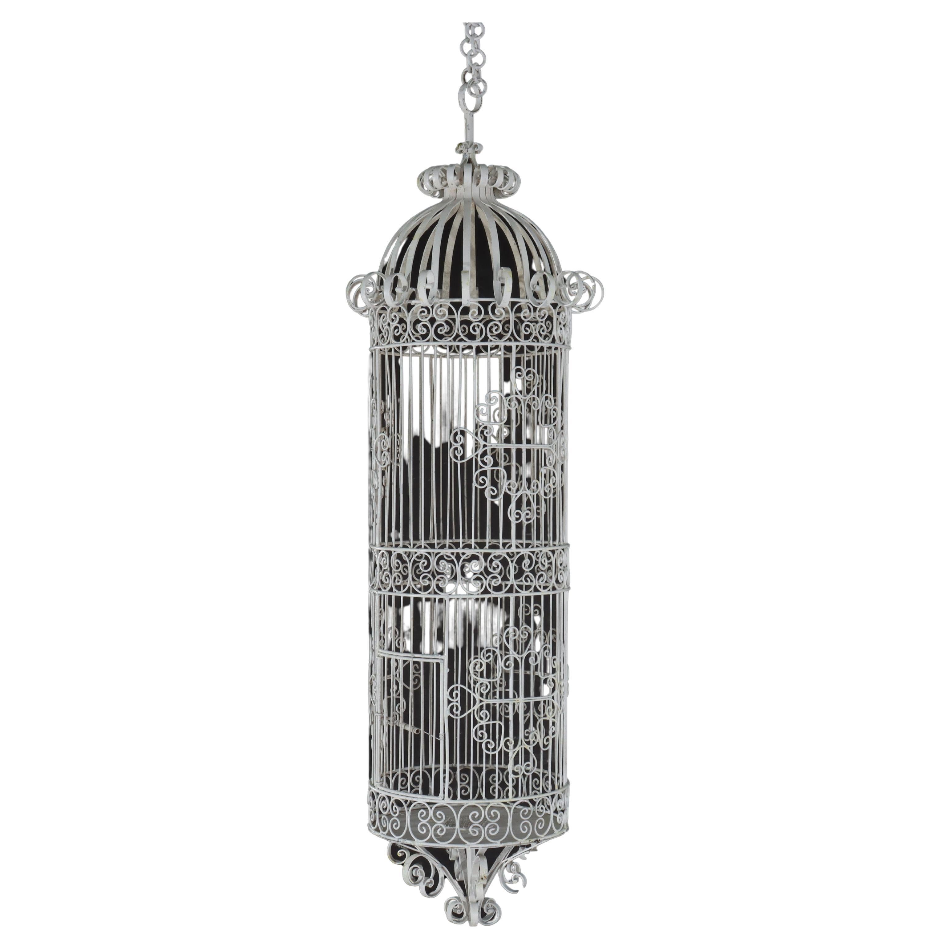 Victorian Wire Hanging Garden Birdcage, White Painted, C1900