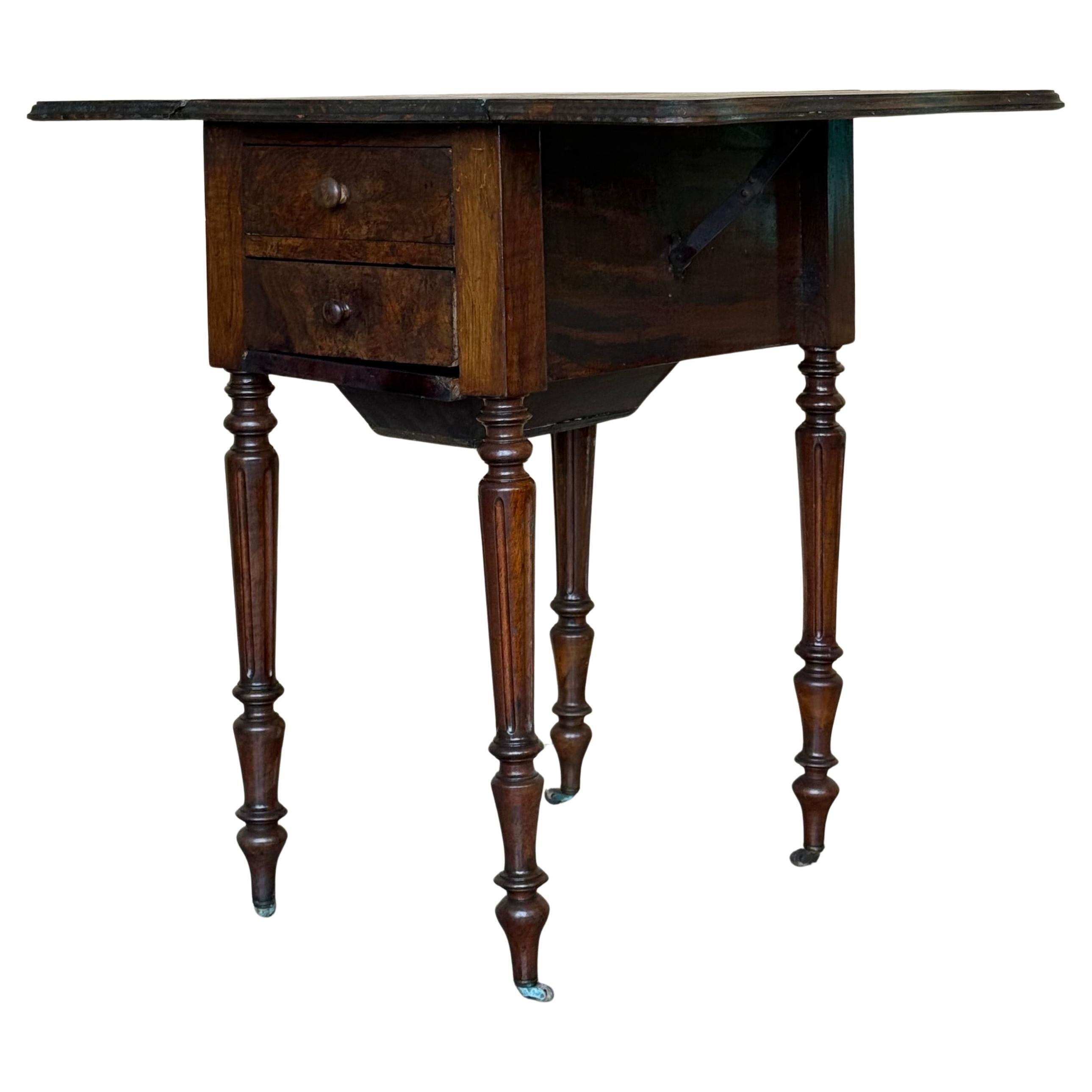 Victorian Wood Drop Leaf Side Table With Turned Legs and wheels. 2 available