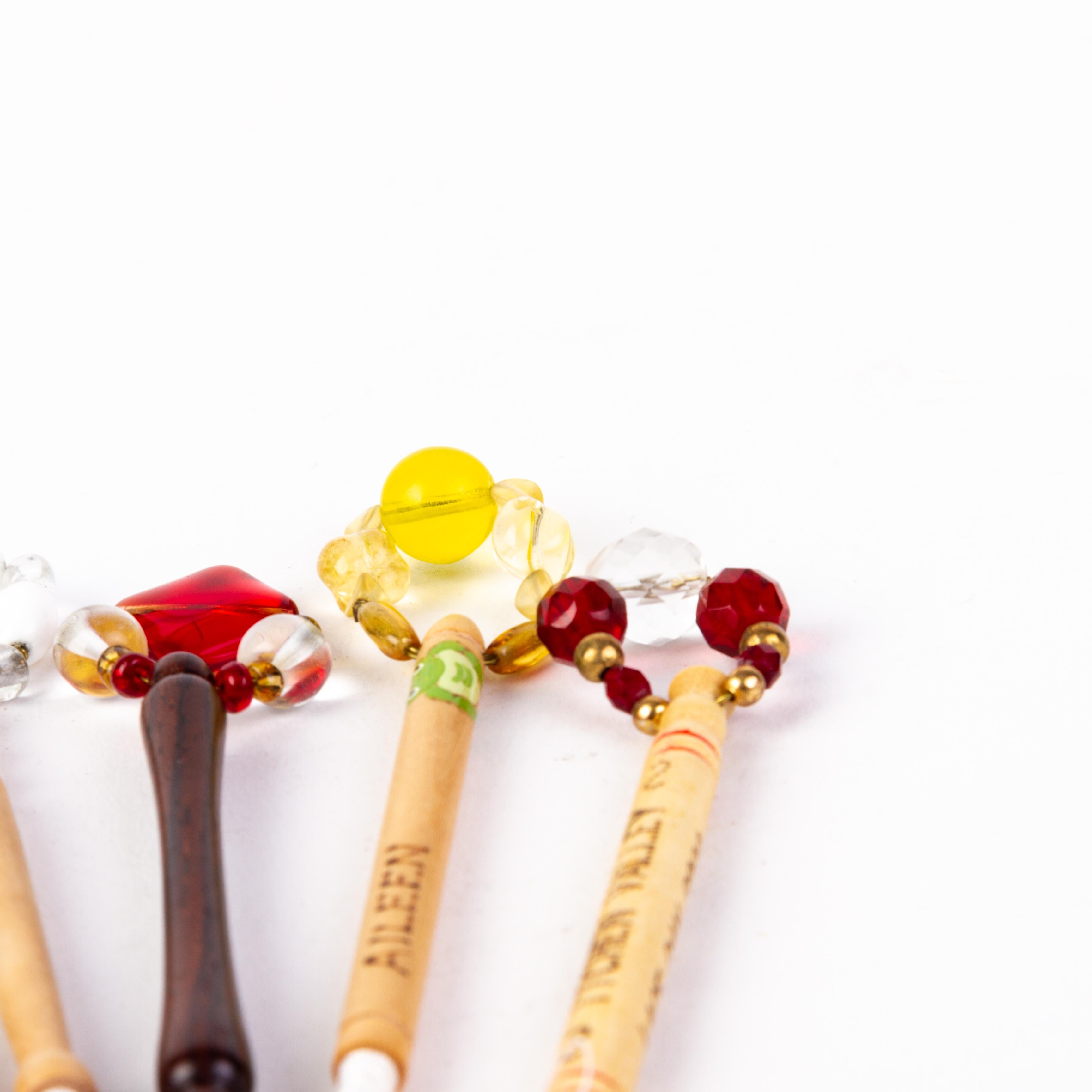 Victorian Wood Lace Bobbins with Glass Beads (x5) In Good Condition For Sale In Nottingham, GB