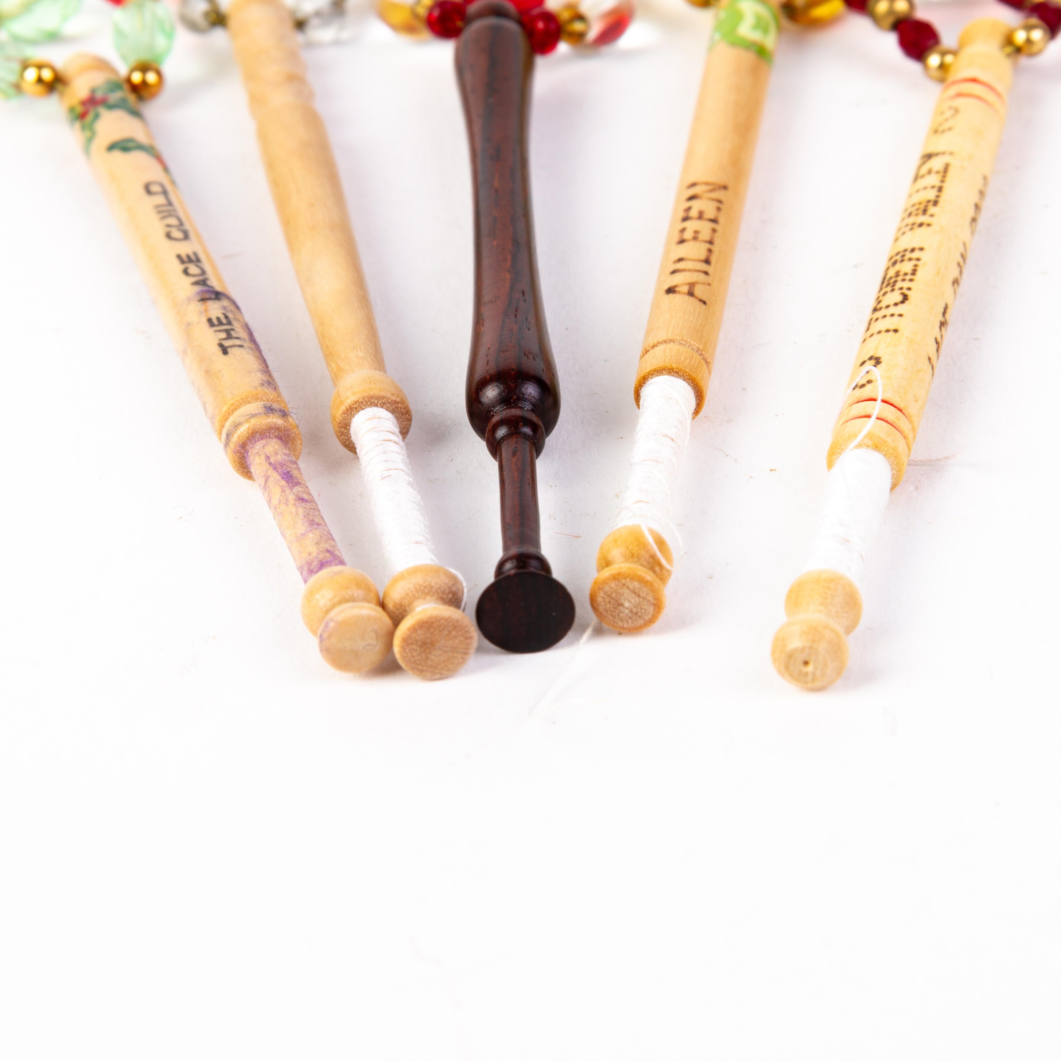 19th Century Victorian Wood Lace Bobbins with Glass Beads (x5) For Sale