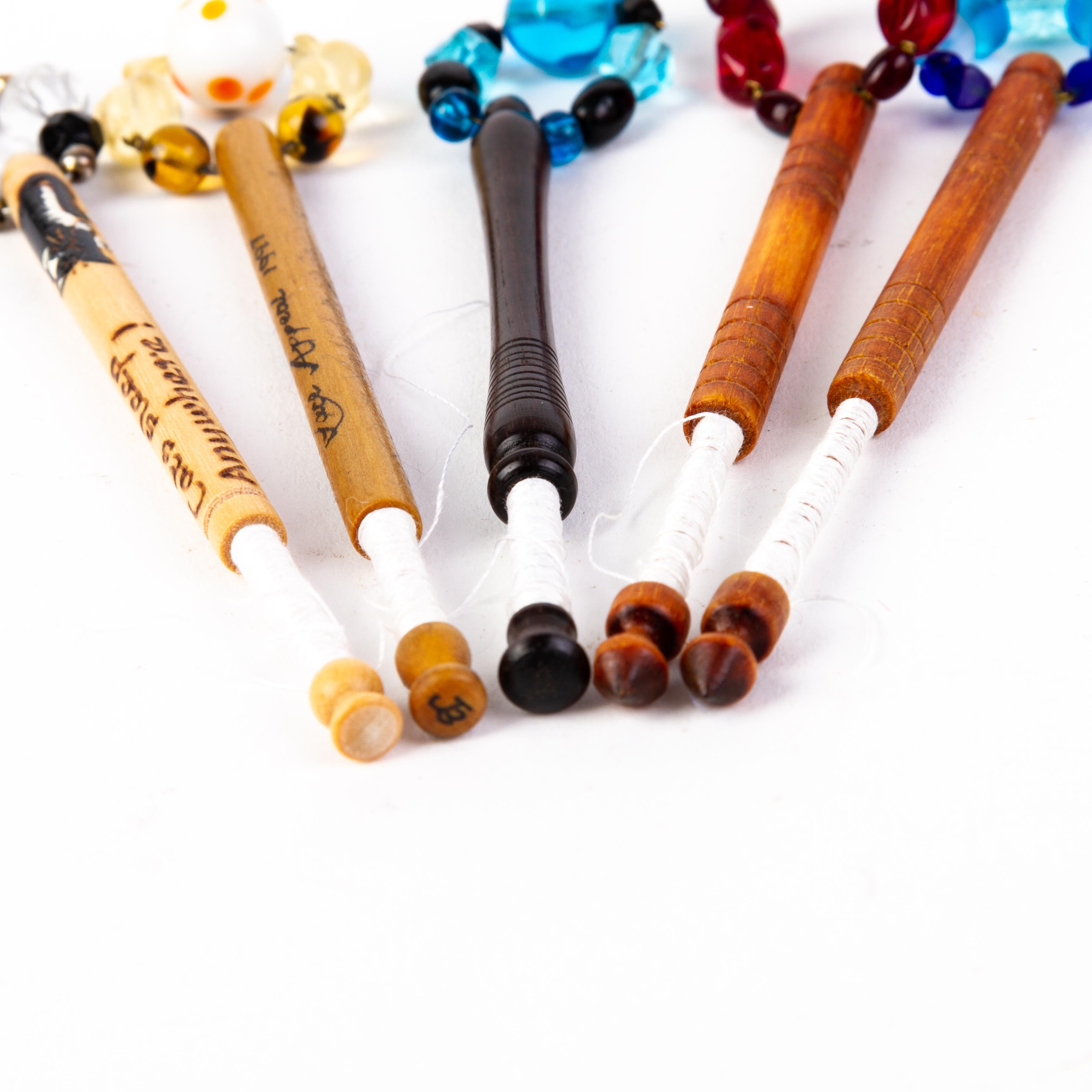 19th Century Victorian Wood Lace Bobbins with Glass Beads (x5) For Sale