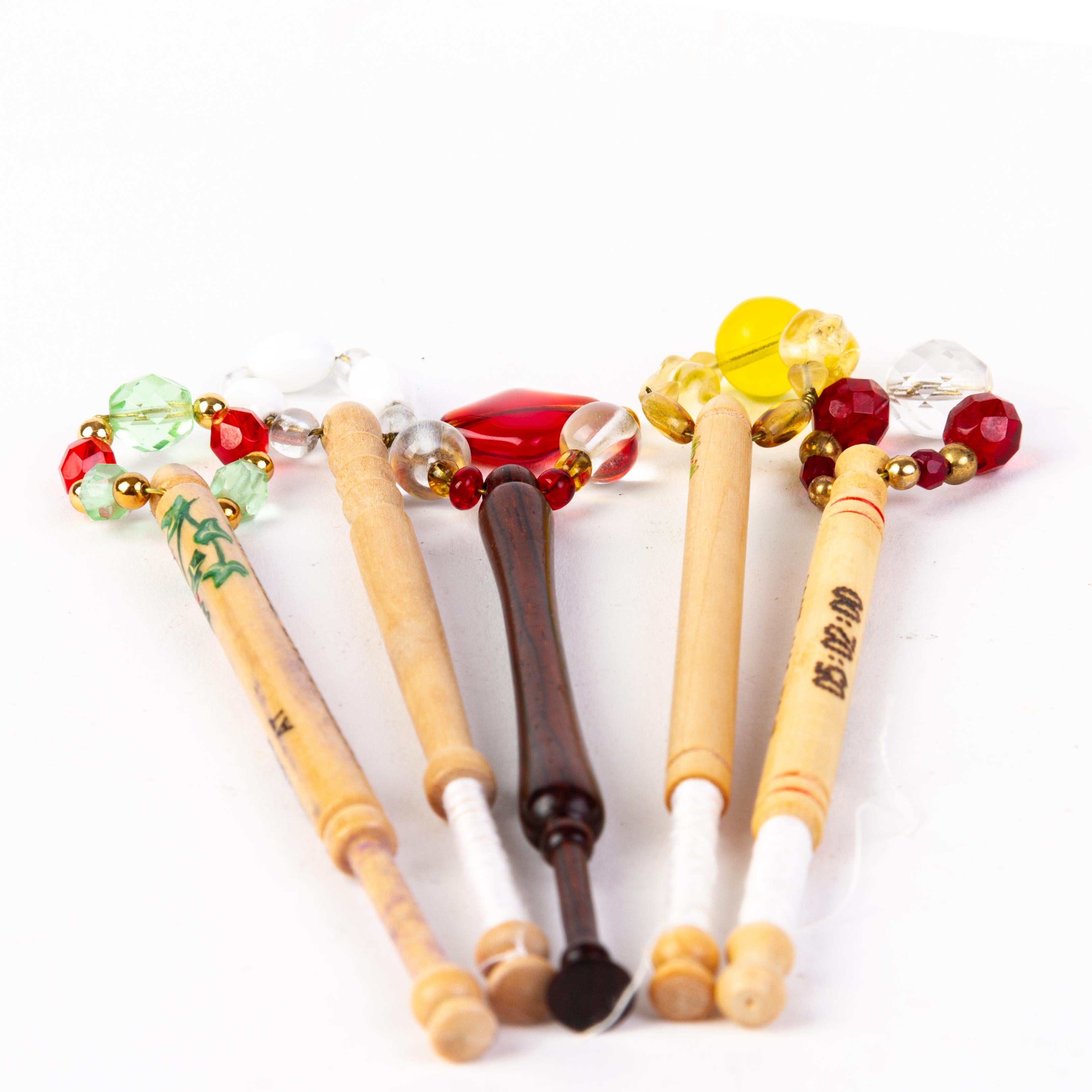 Victorian Wood Lace Bobbins with Glass Beads (x5) For Sale 2