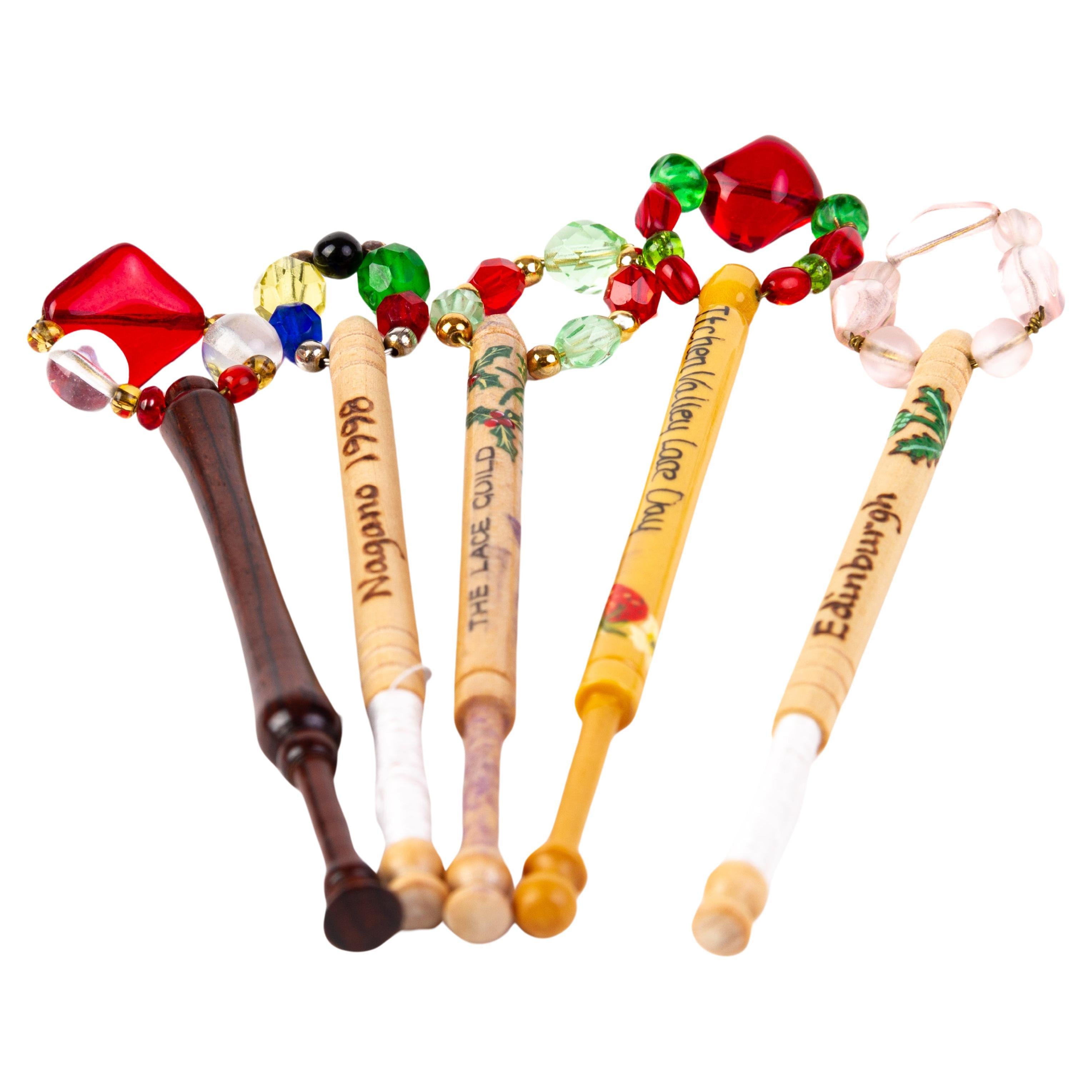 Victorian Wood Lace Bobbins with Glass Beads (x5) For Sale