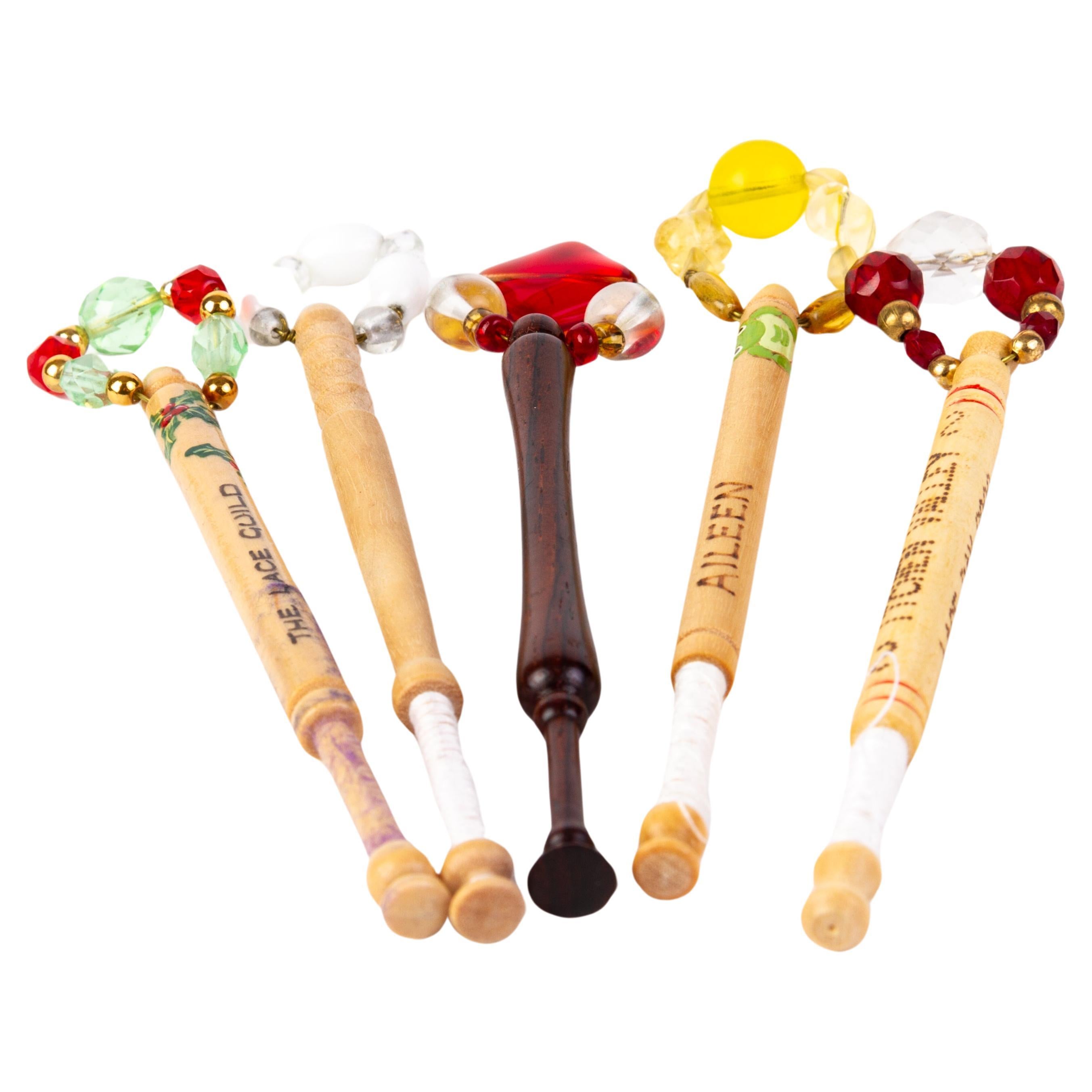 Victorian Wood Lace Bobbins with Glass Beads (x5) For Sale