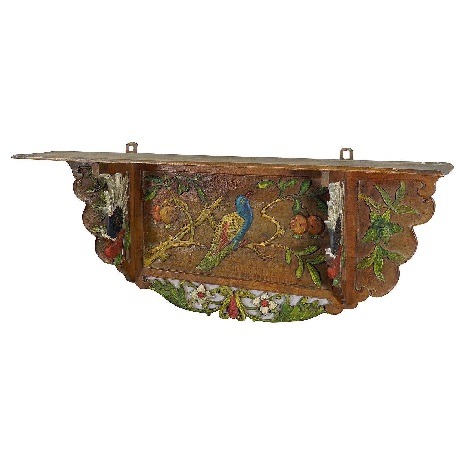 Victorian Wooden Shelve with Polychromic Painted Birds, circa 1920