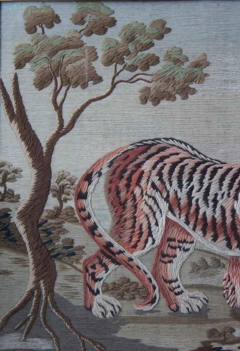 Folk Art Victorian Woolwork Embroidered Picture of a Tiger