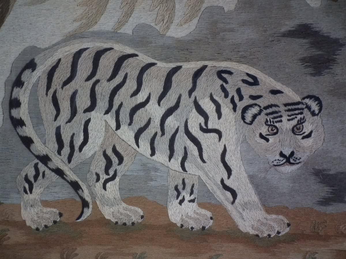 Folk Art Victorian Wool Work Embroidered Picture of a Tiger