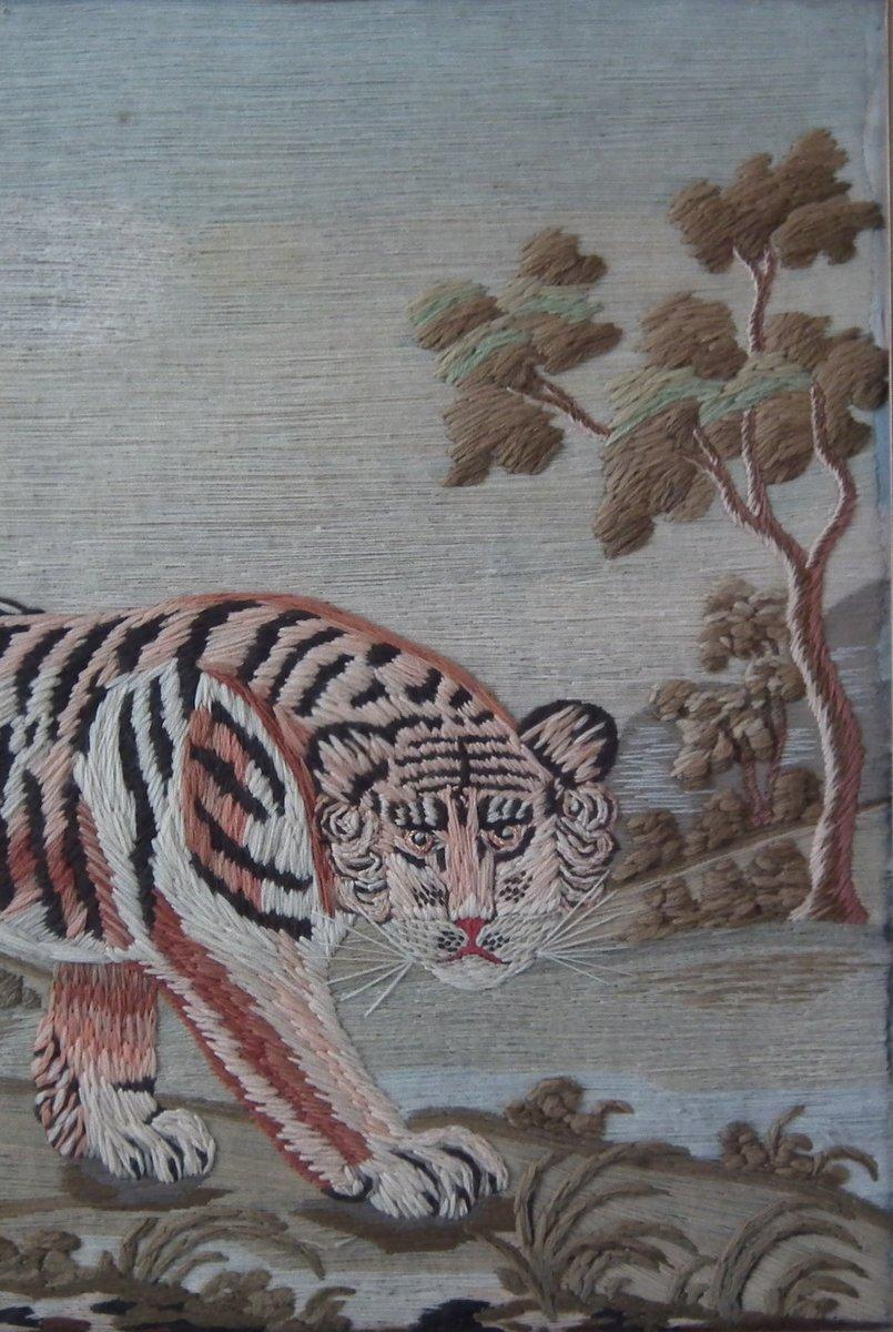 English Victorian Woolwork Embroidered Picture of a Tiger