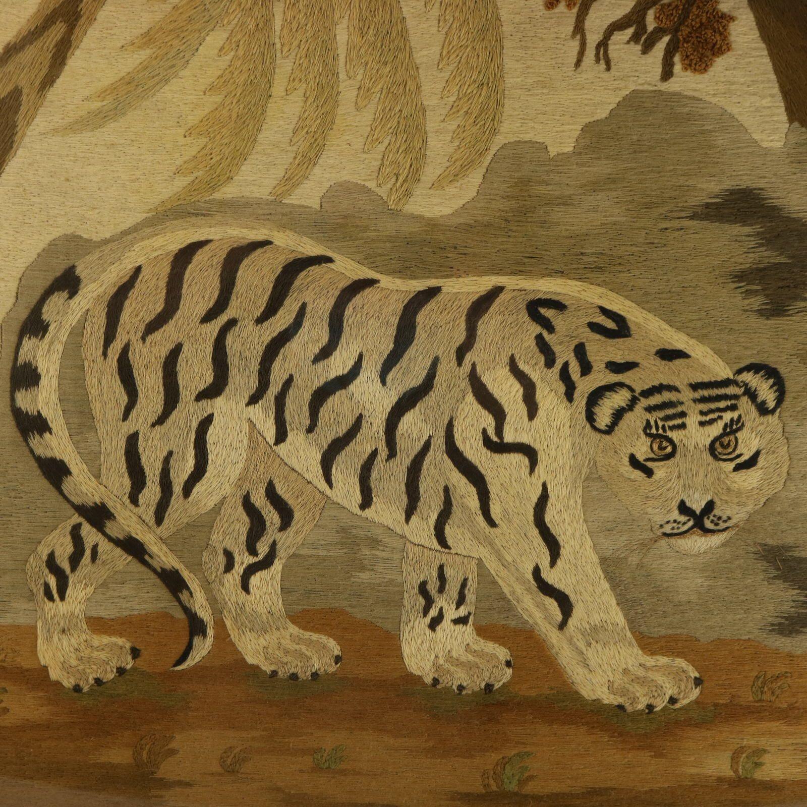 19th Century Victorian Woolwork Embroidered Picture of a Tiger For Sale
